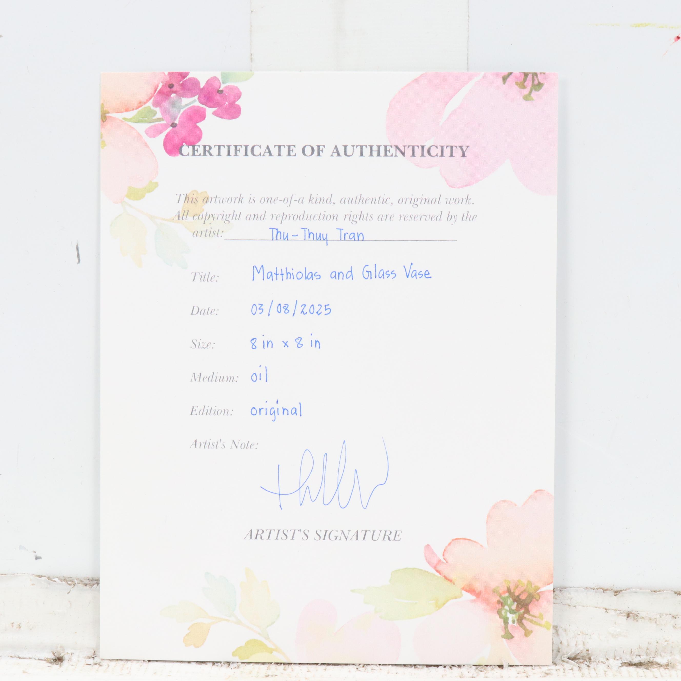 Thu-Thuy Tran Floral Still Life Oil Painting "Matthiolas and Glass Vase," 2025