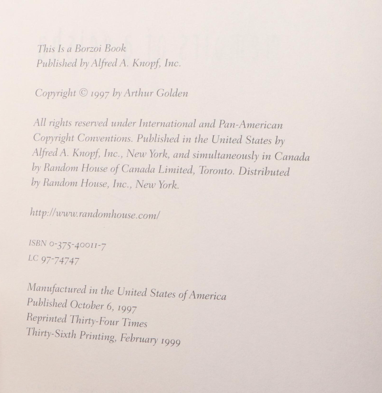 Signed "Memoirs of a Geisha" by Arthur Golden, 1999