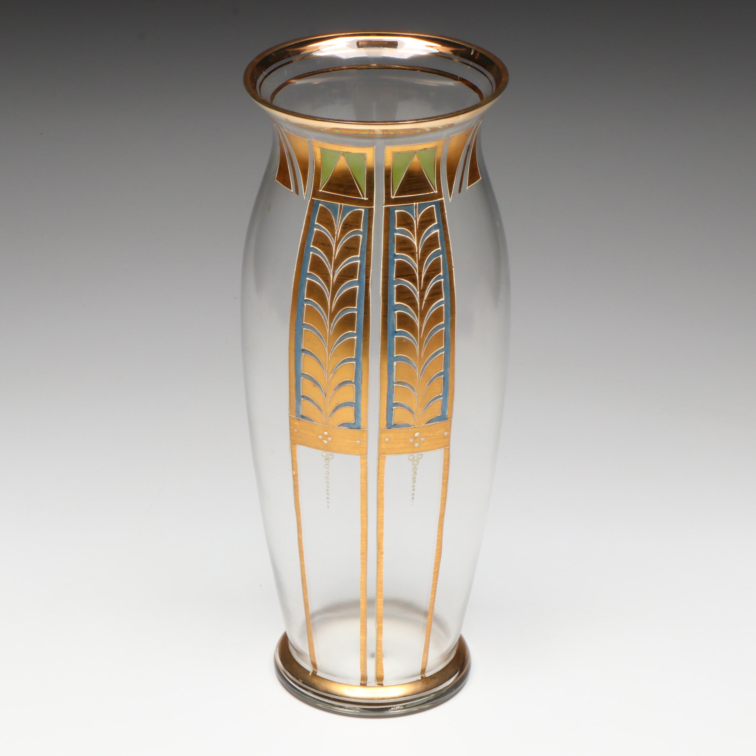 Bohemian Art Deco Style Hand-Painted Art Glass Vase