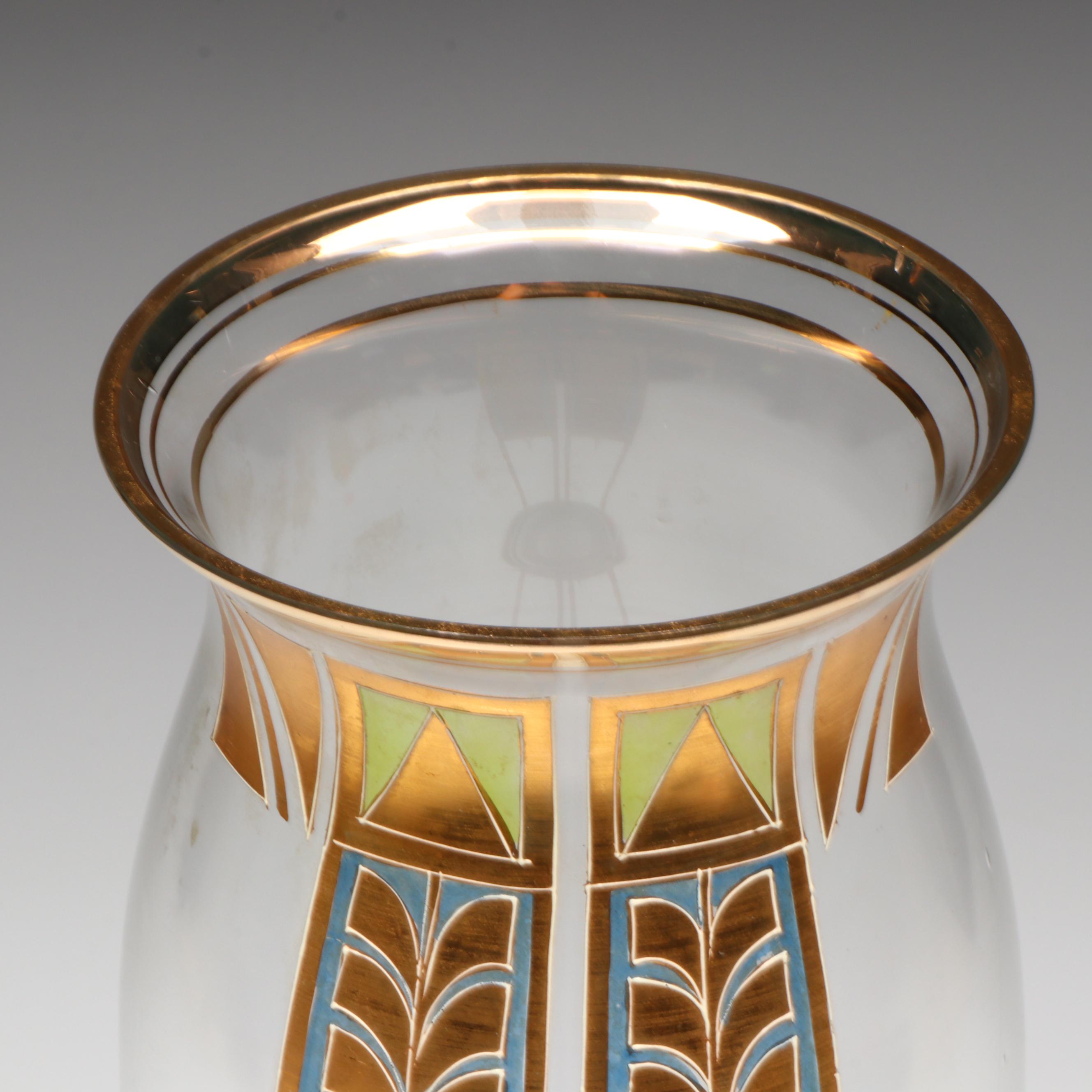 Bohemian Art Deco Style Hand-Painted Art Glass Vase