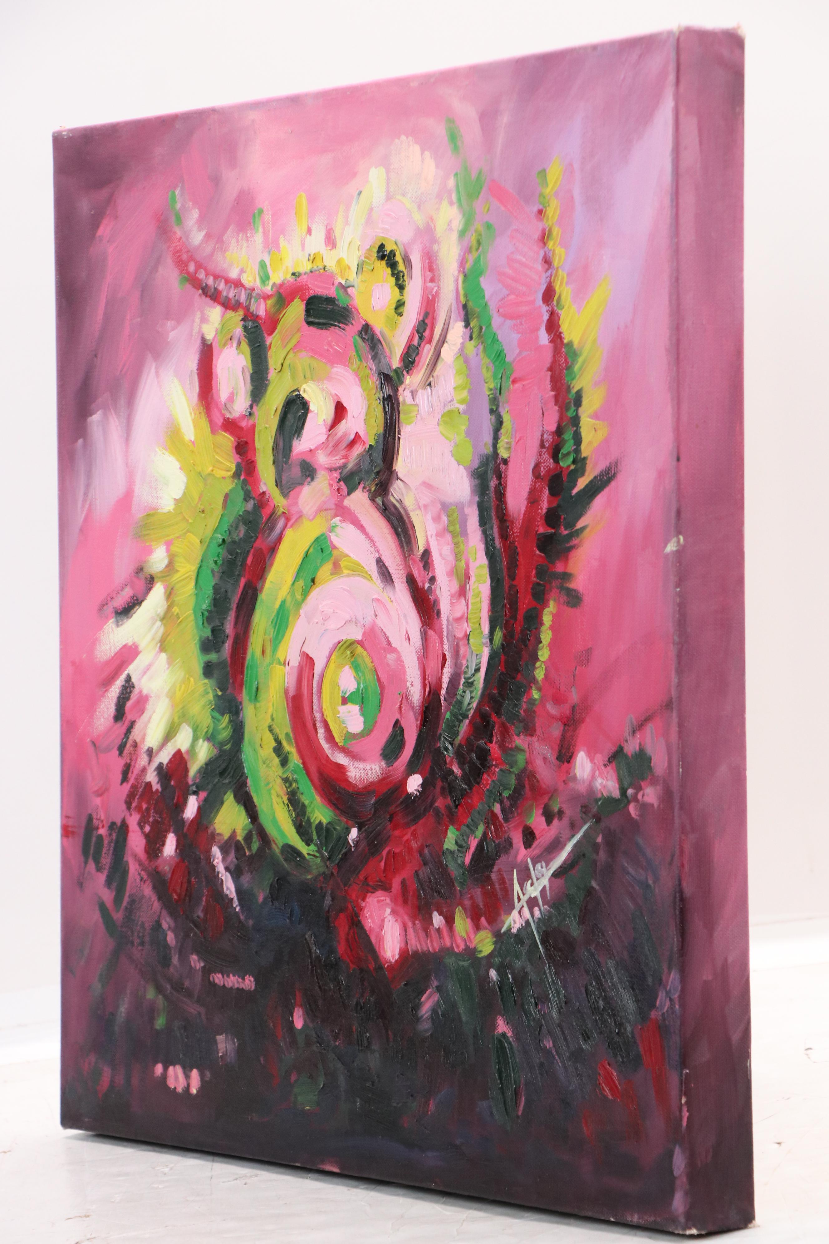 Adedotun Adesida Abstract Acrylic Painting in Pink and Green, 21st Century