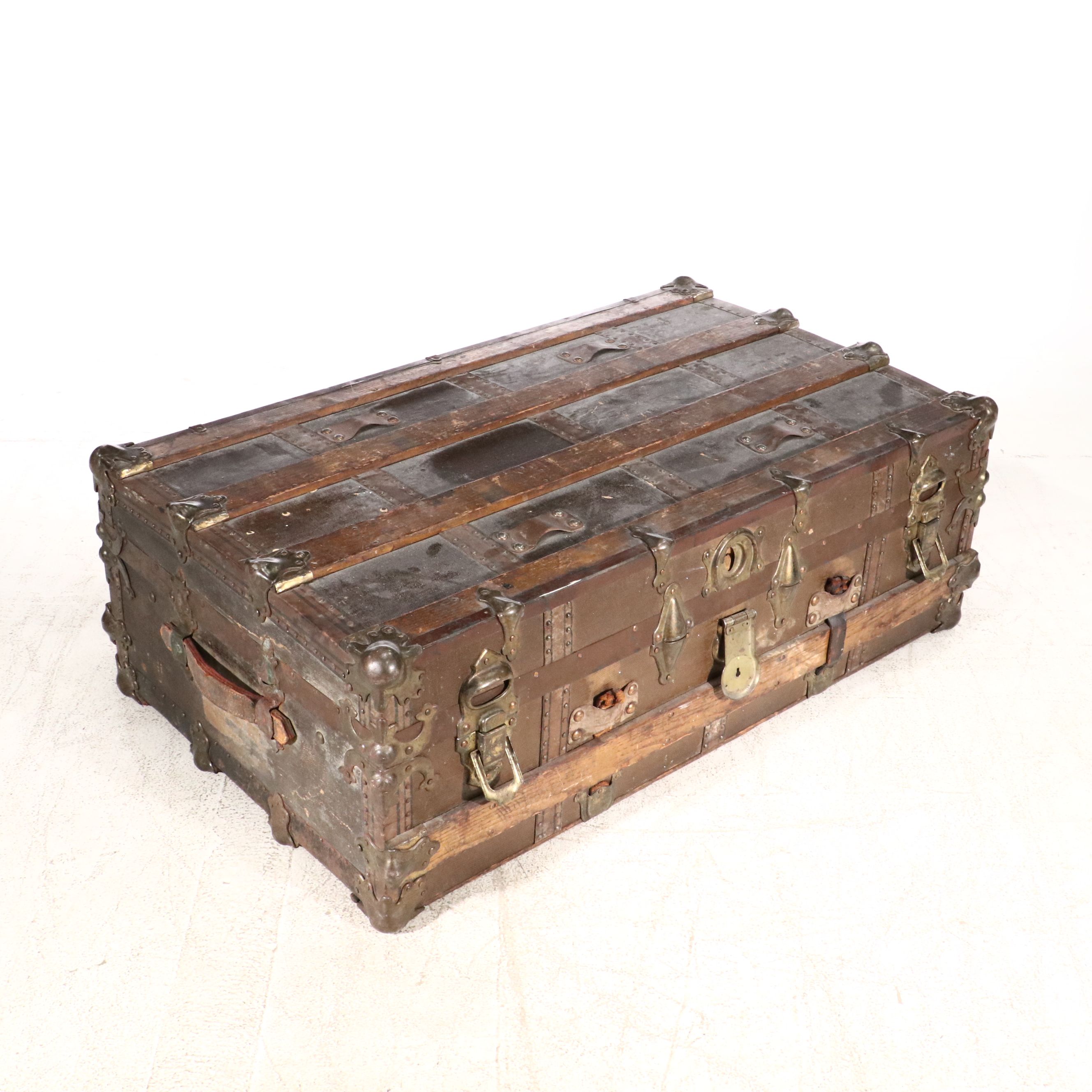 Victorian Painted Canvas and Leather Flat Top Steamer Trunk