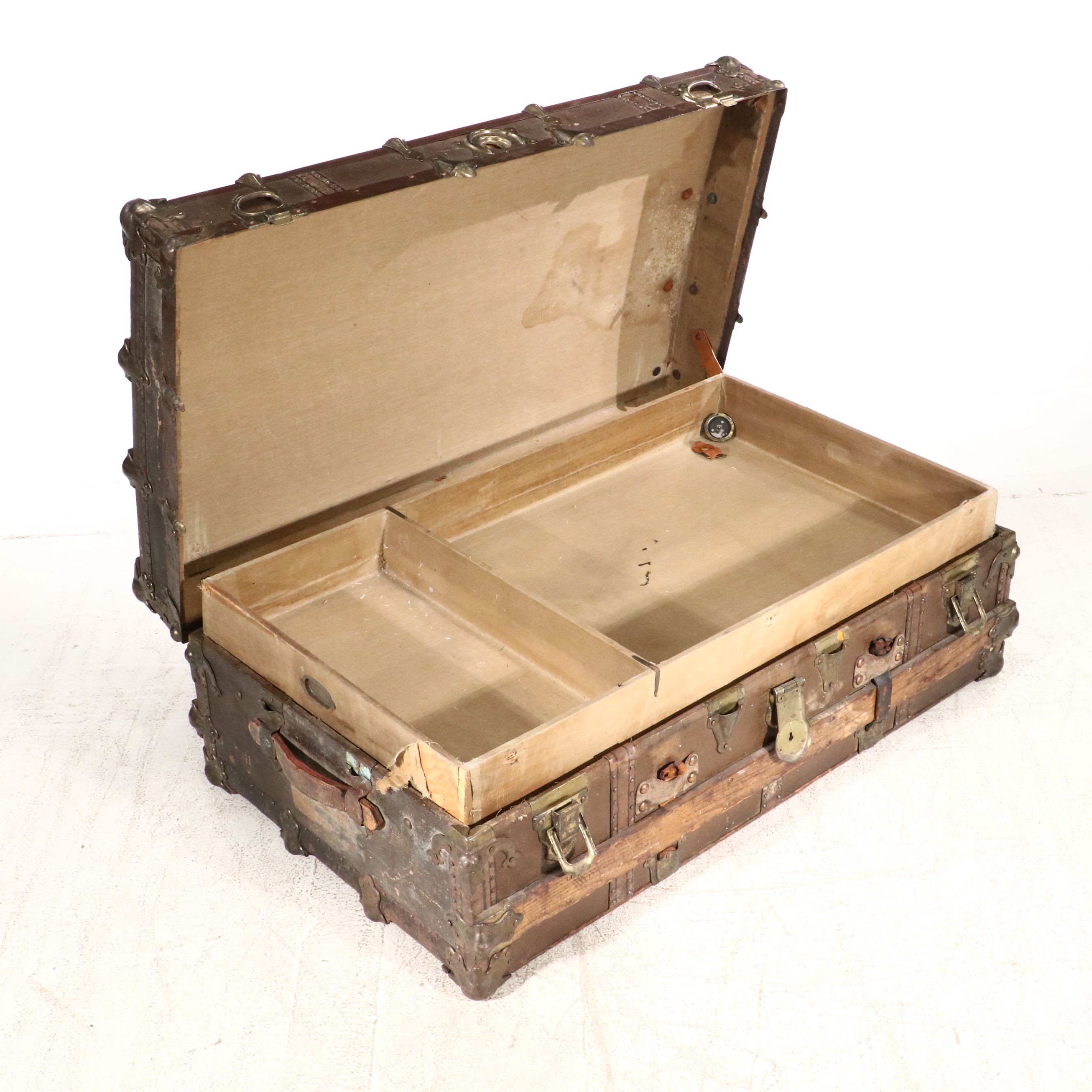 Victorian Painted Canvas and Leather Flat Top Steamer Trunk