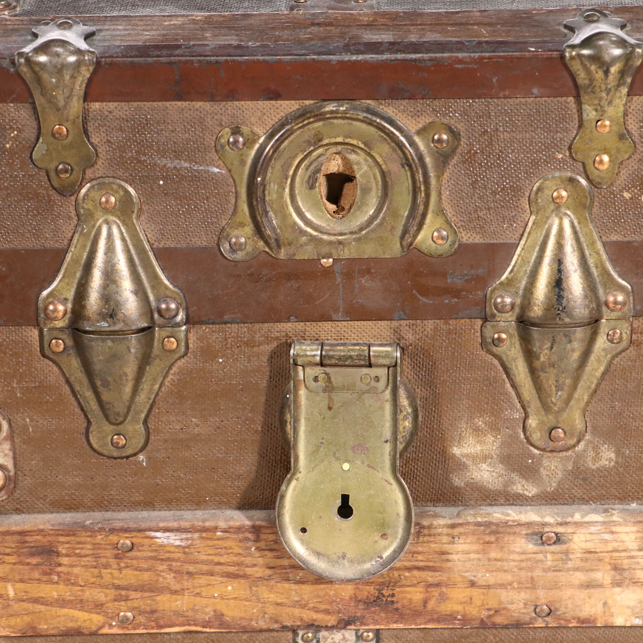 Victorian Painted Canvas and Leather Flat Top Steamer Trunk