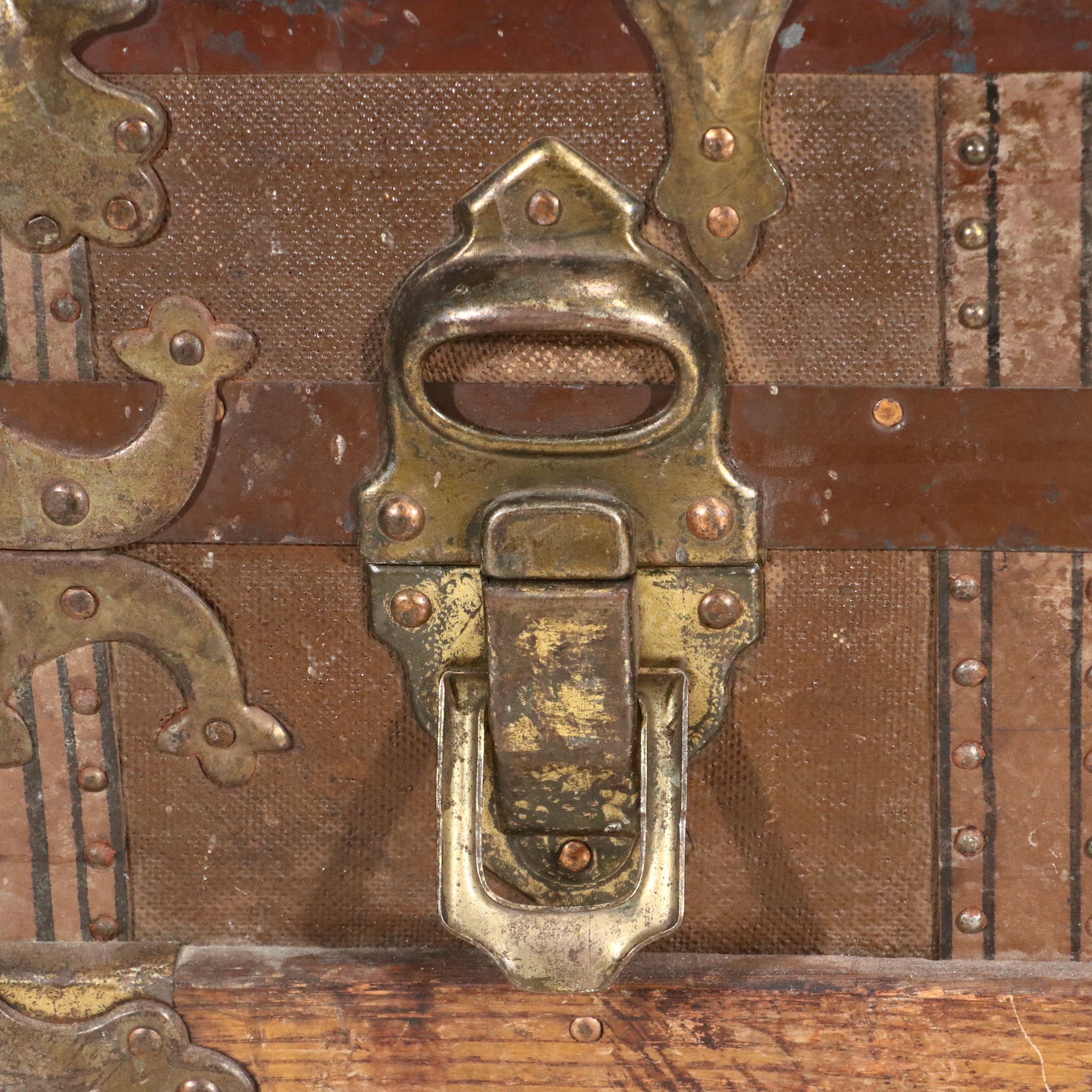 Victorian Painted Canvas and Leather Flat Top Steamer Trunk