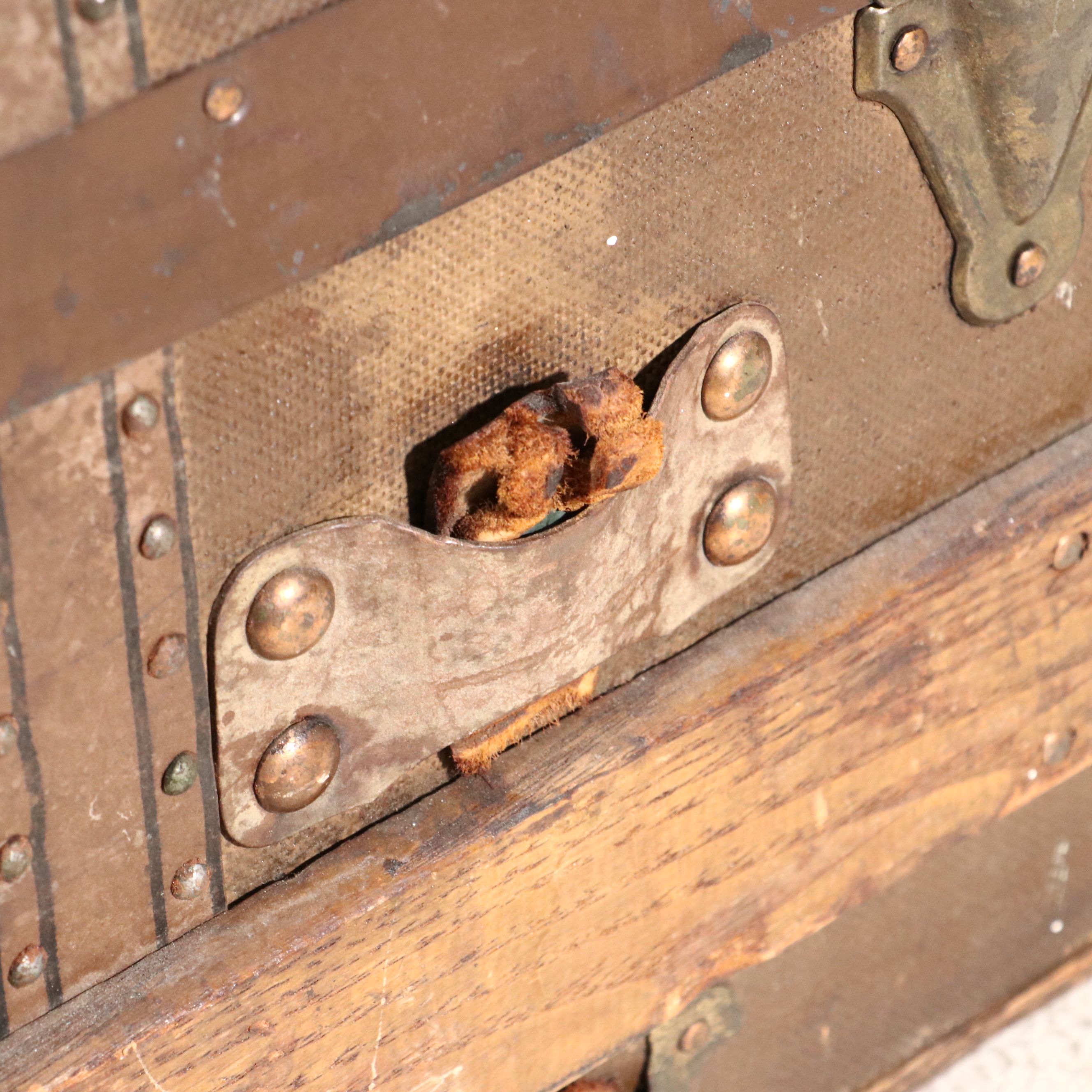 Victorian Painted Canvas and Leather Flat Top Steamer Trunk