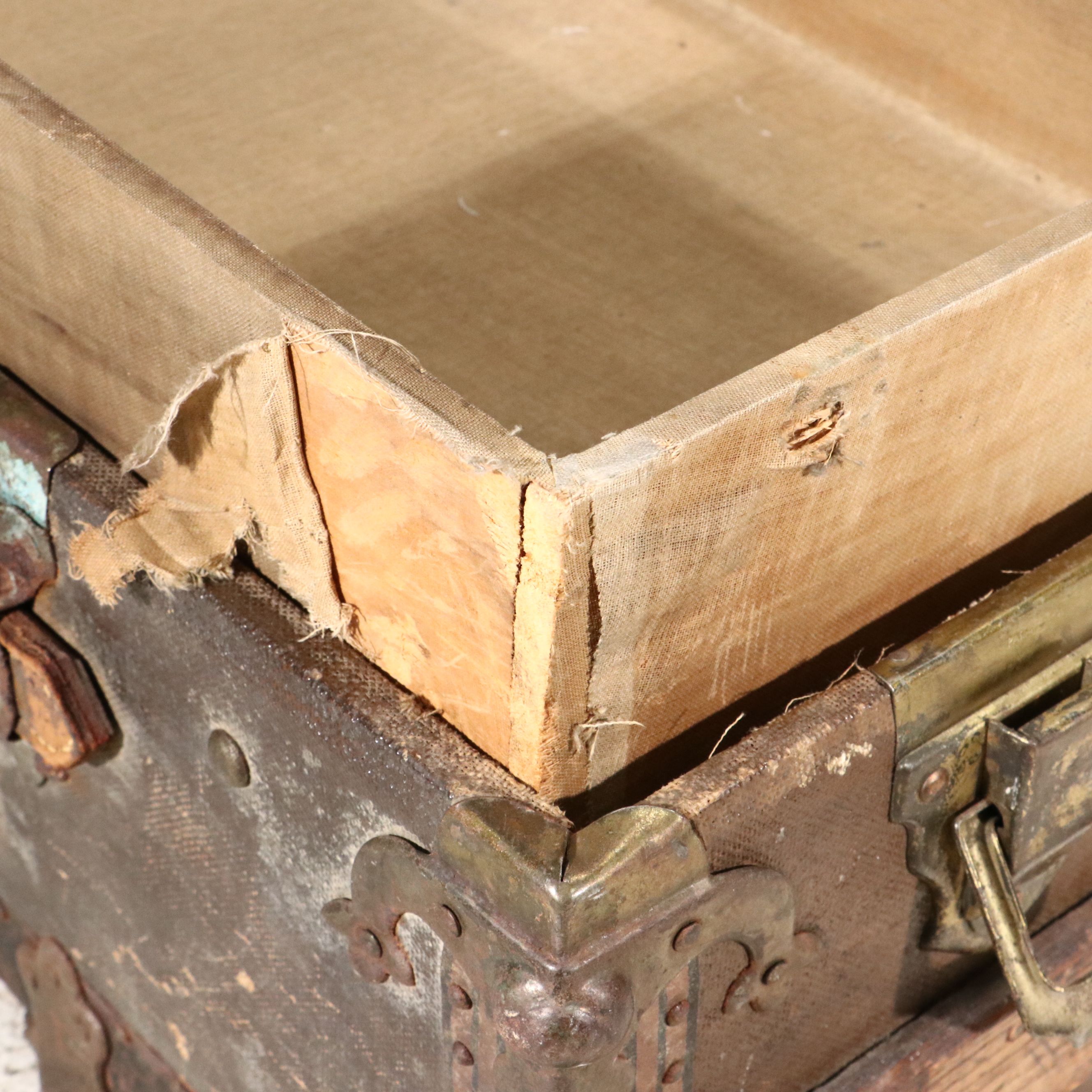 Victorian Painted Canvas and Leather Flat Top Steamer Trunk