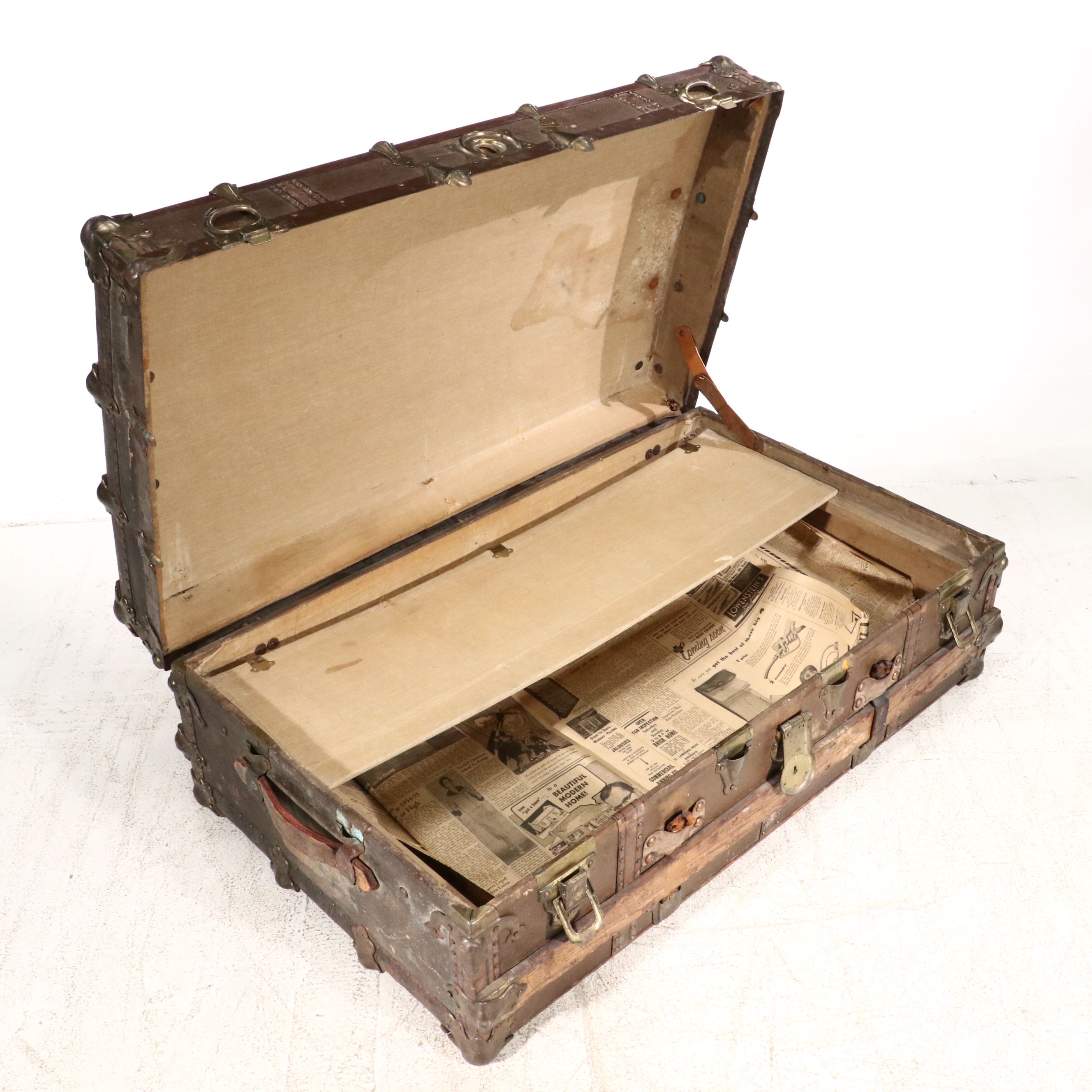 Victorian Painted Canvas and Leather Flat Top Steamer Trunk