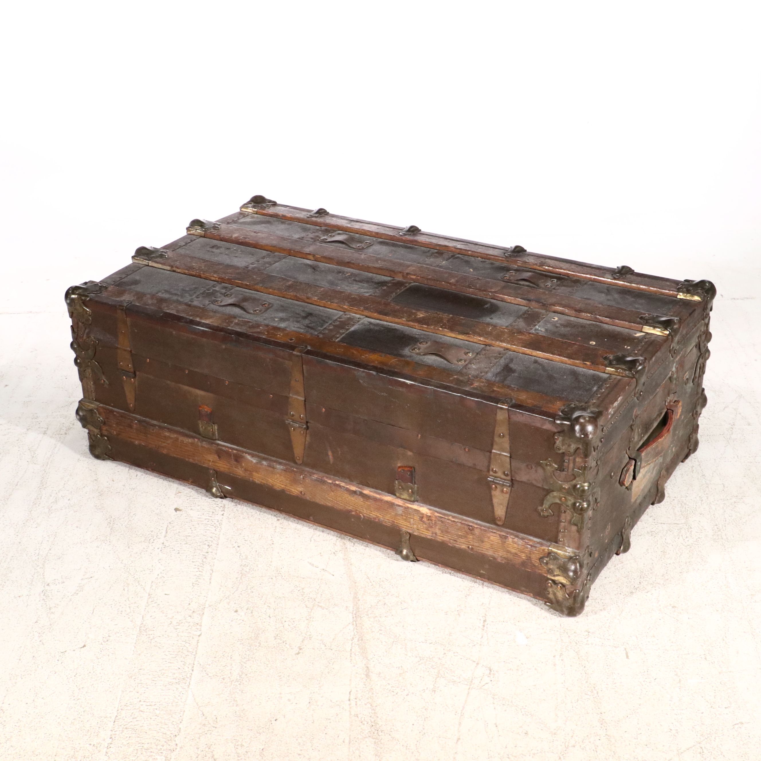 Victorian Painted Canvas and Leather Flat Top Steamer Trunk