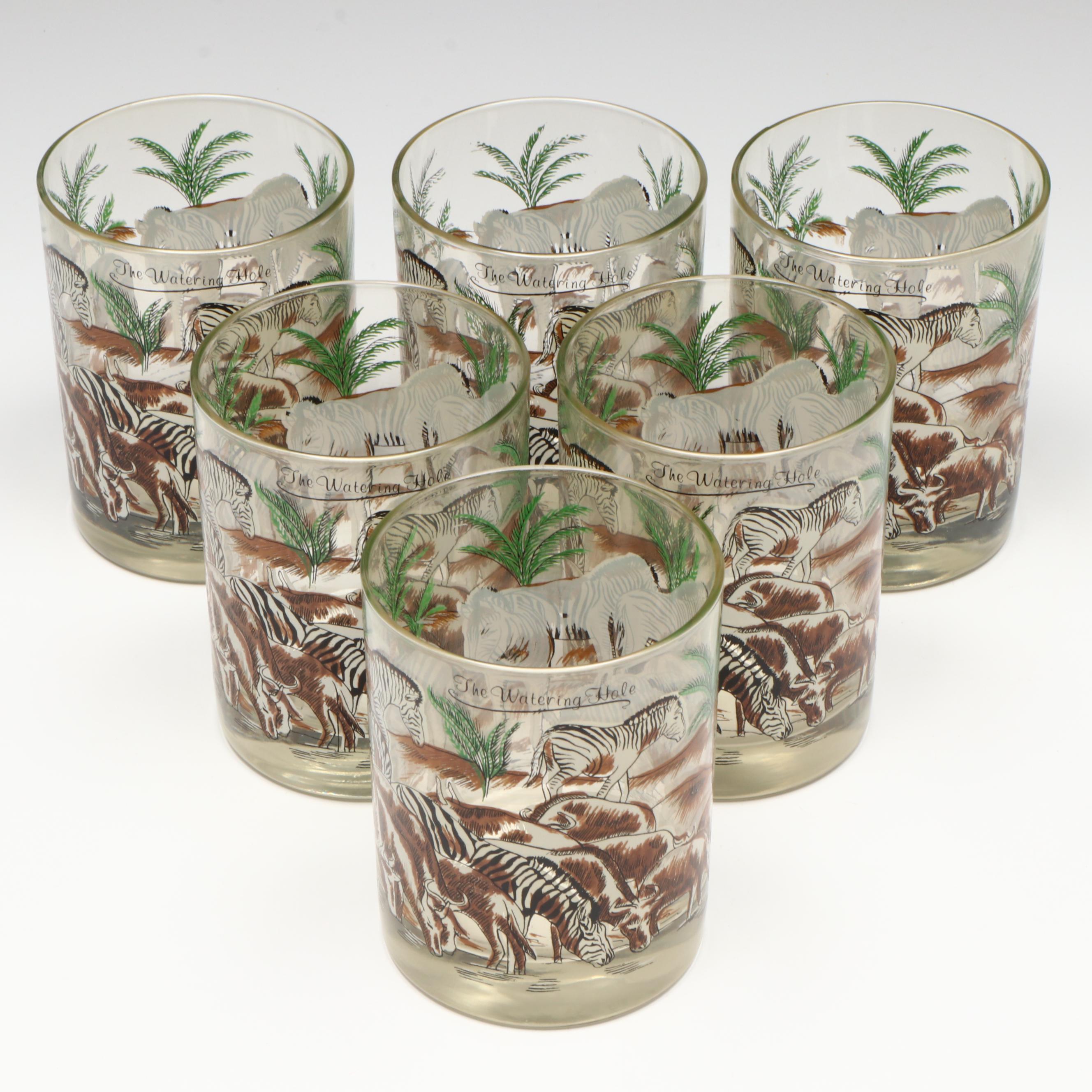 Vintage Cera Glass The Watering Hole Safari Themed Old Fashioned Glasses