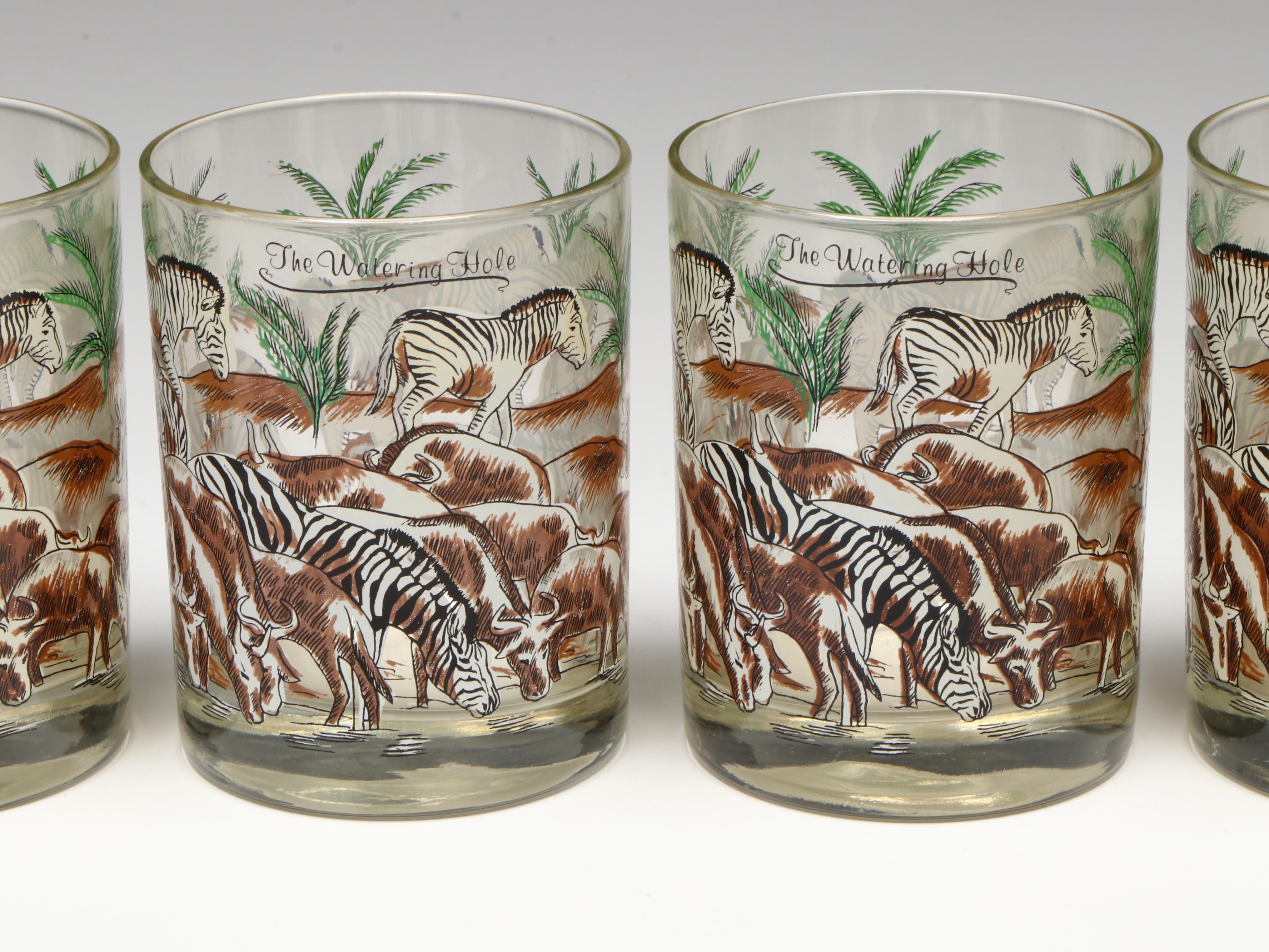 Vintage Cera Glass The Watering Hole Safari Themed Old Fashioned Glasses