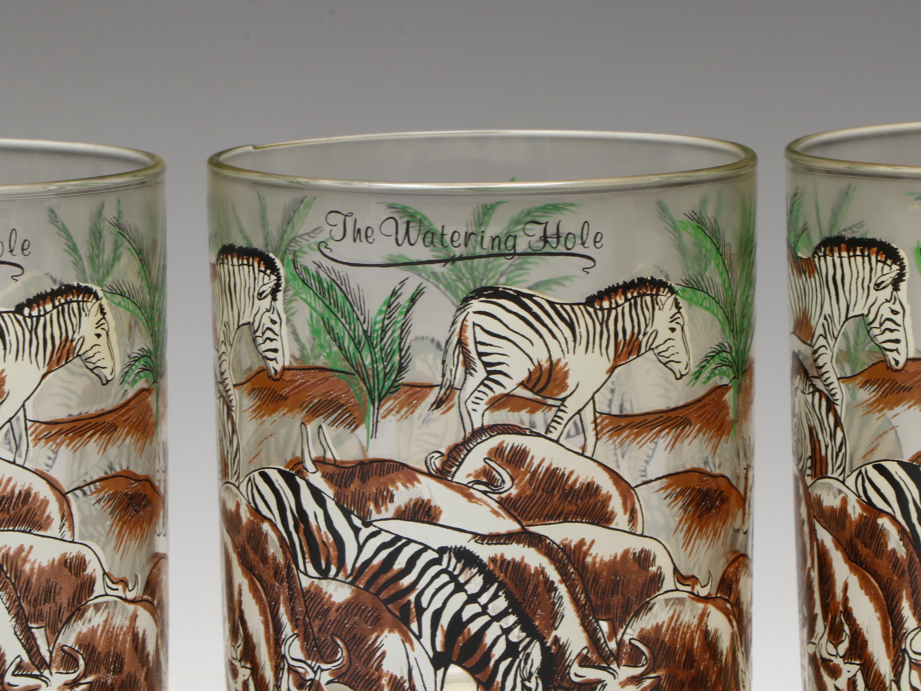 Vintage Cera Glass The Watering Hole Safari Themed Old Fashioned Glasses