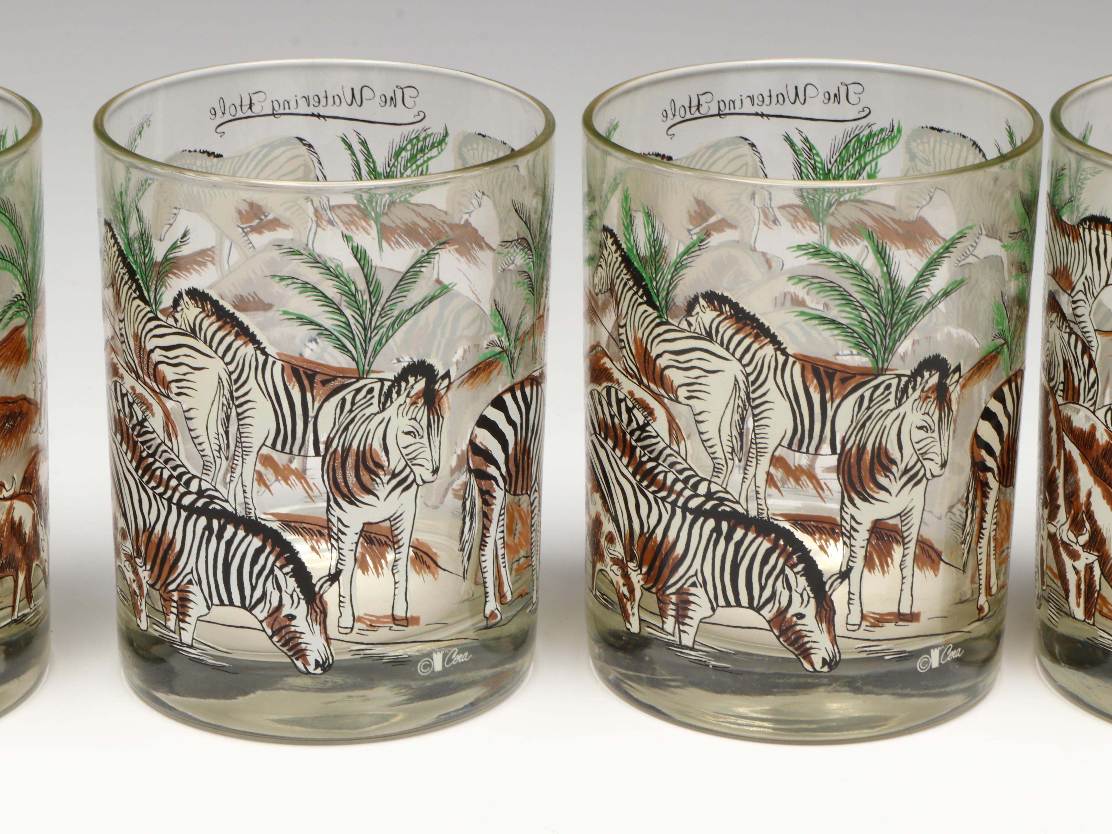 Vintage Cera Glass The Watering Hole Safari Themed Old Fashioned Glasses