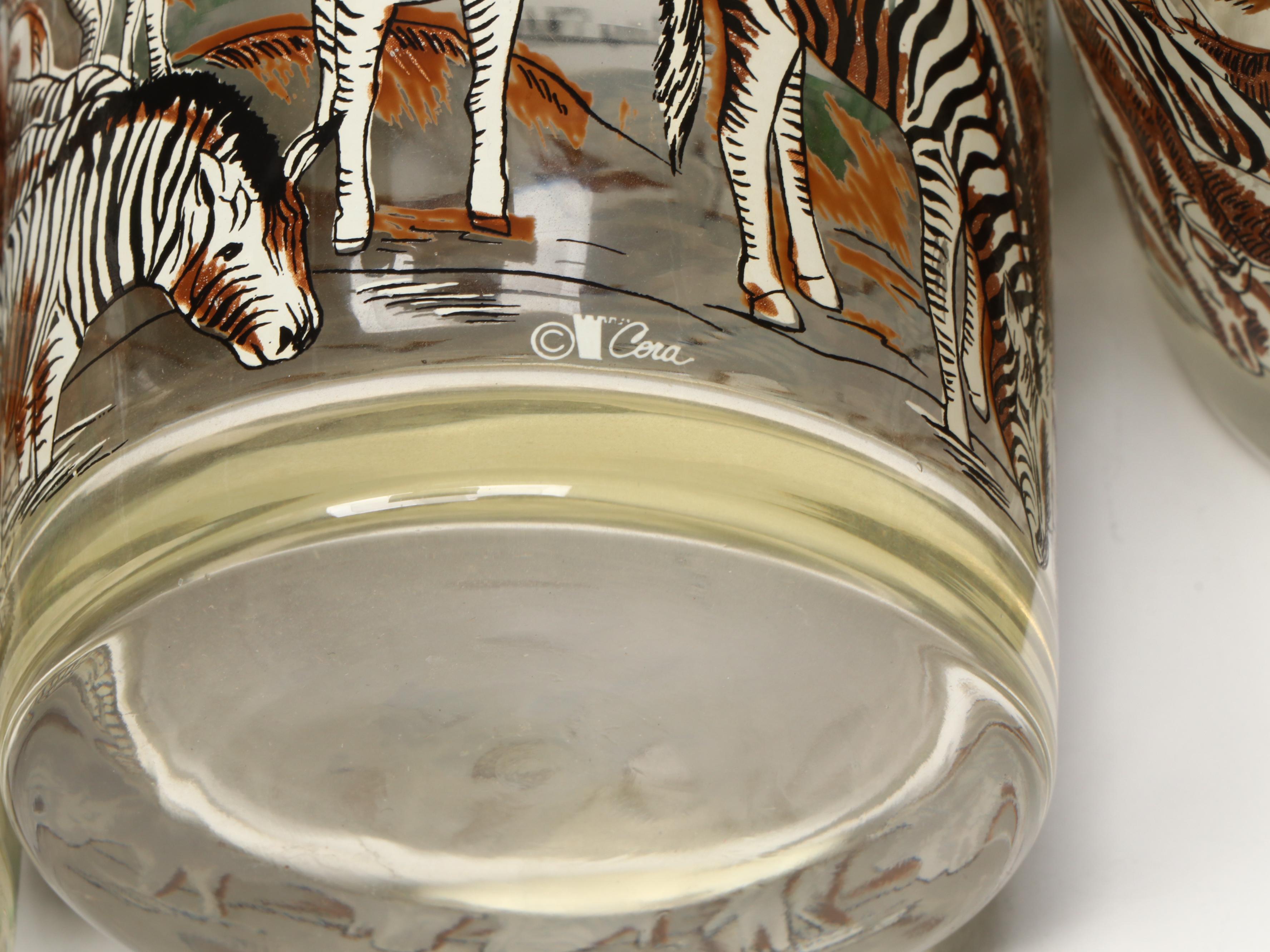 Vintage Cera Glass The Watering Hole Safari Themed Old Fashioned Glasses