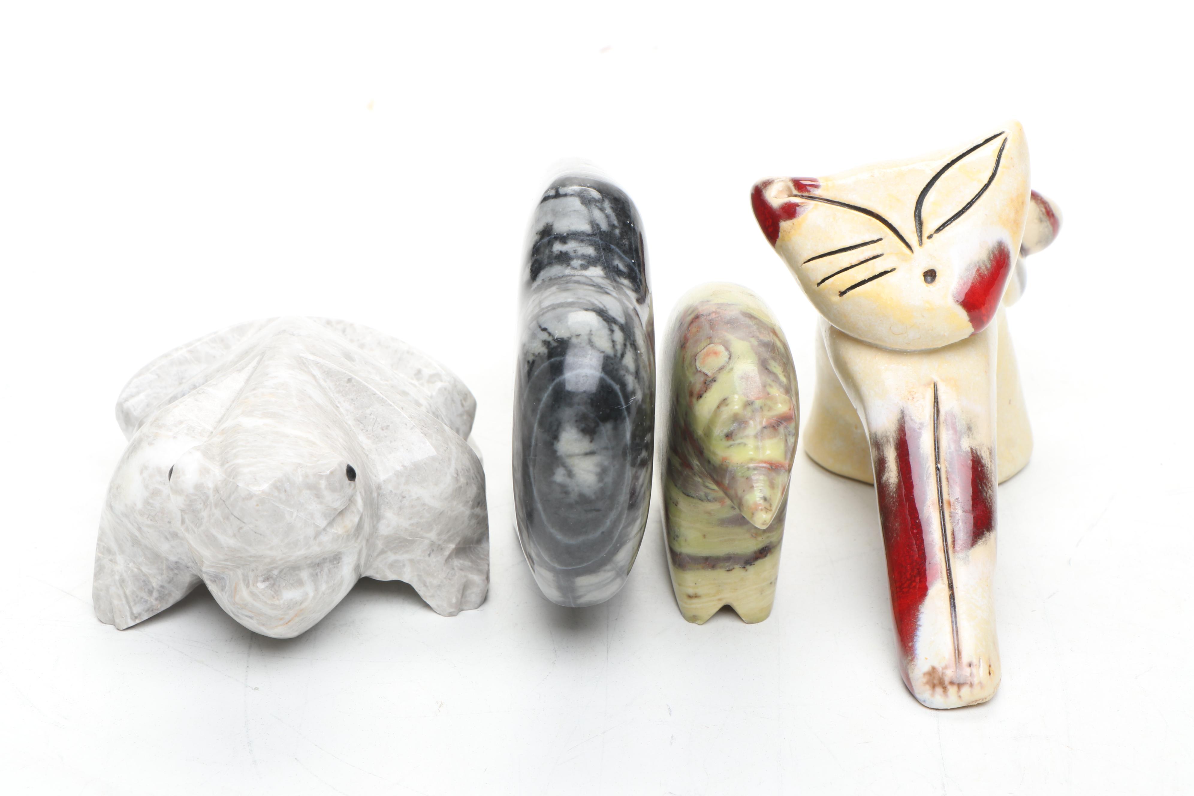 Native American Fetish Style Carved Stone Animals, Hrvatska Croatia Ceramic Cat