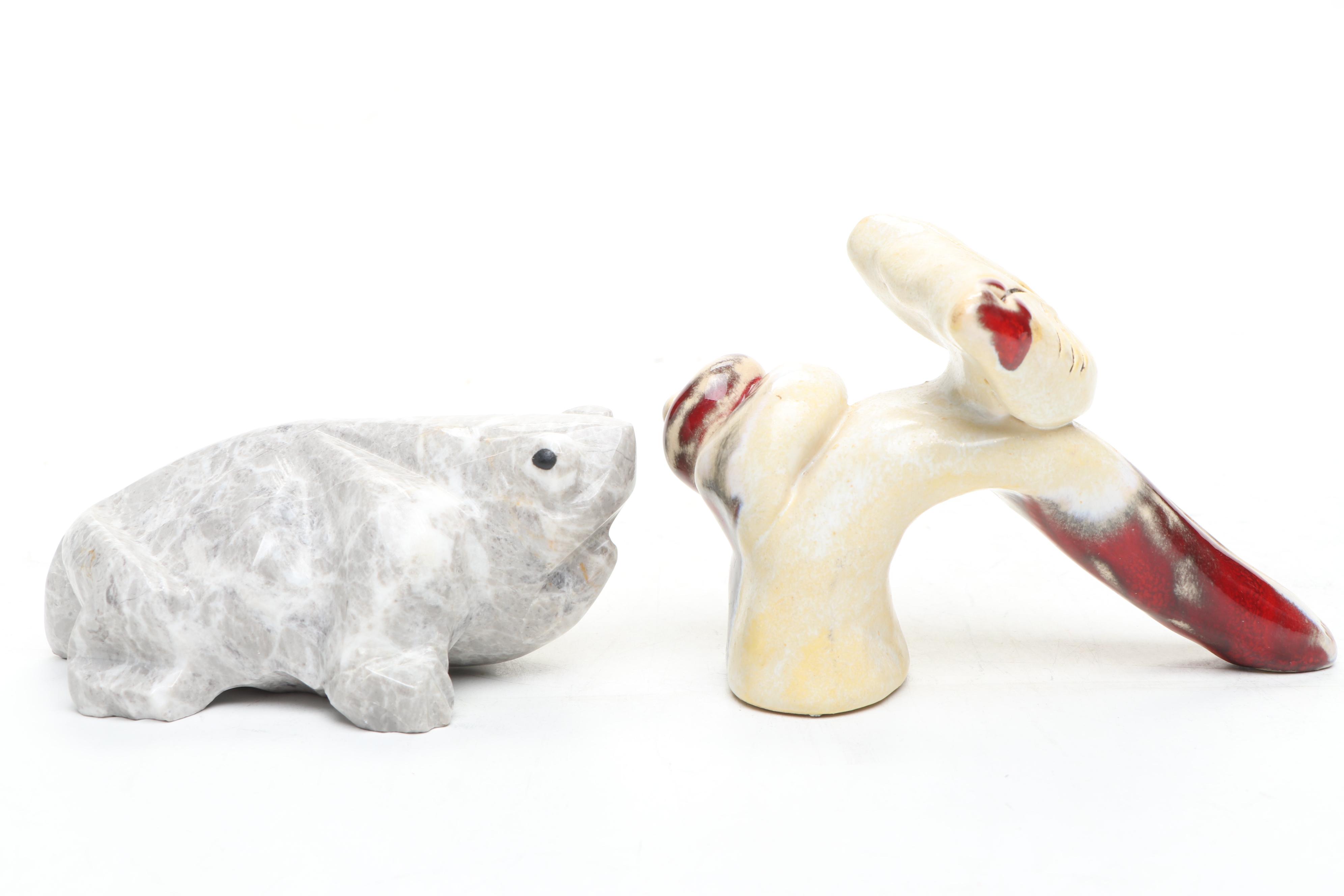 Native American Fetish Style Carved Stone Animals, Hrvatska Croatia Ceramic Cat