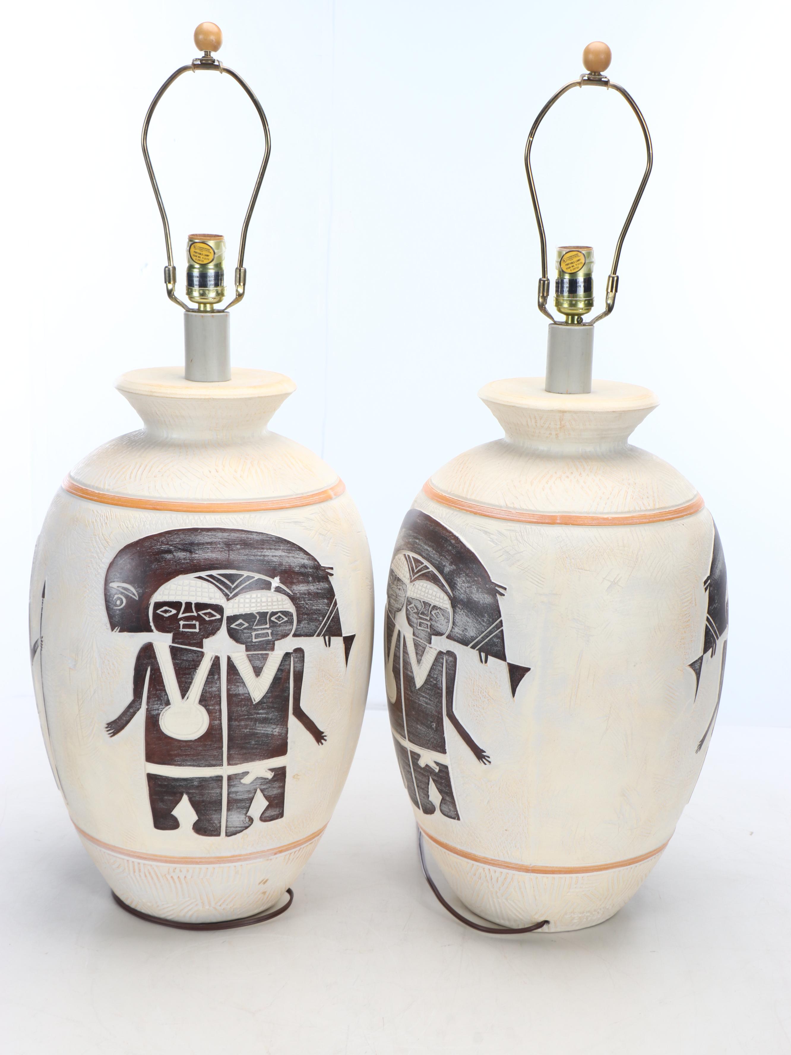 Mimbres Native American Inspired Chalkware Table Lamps