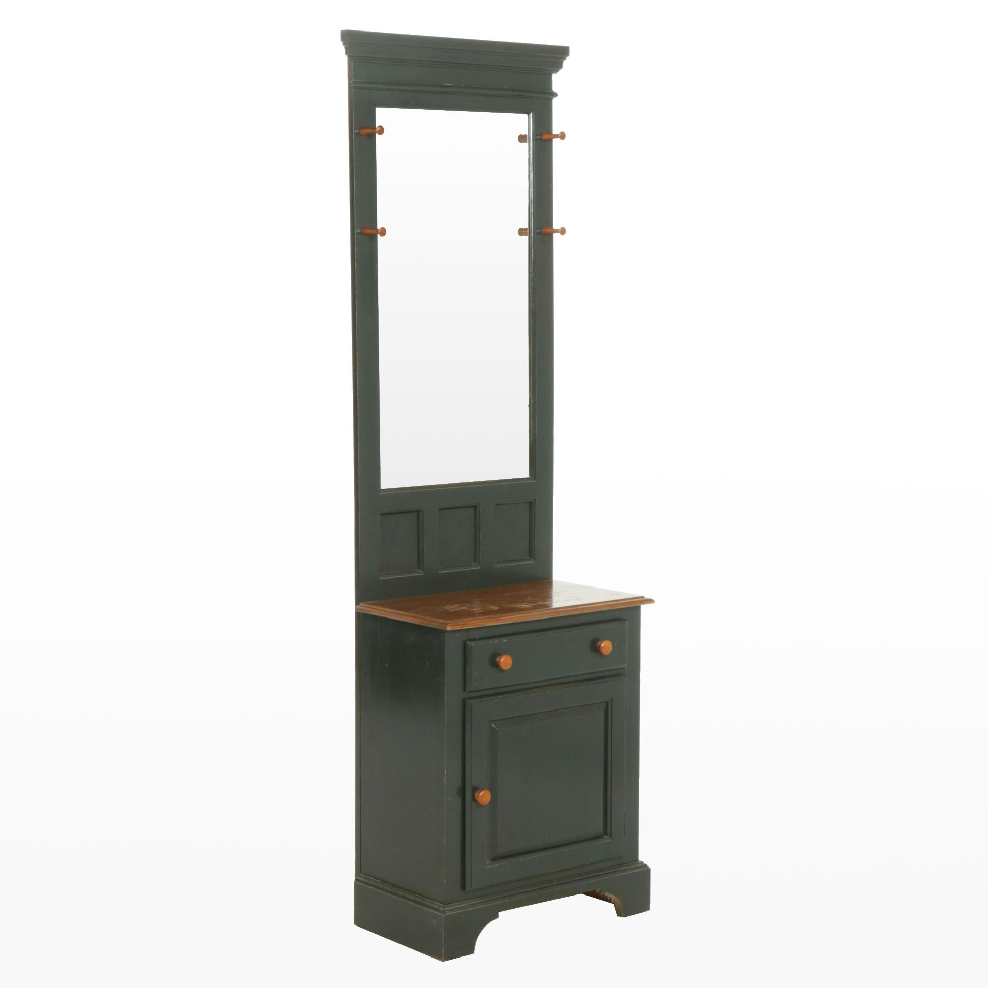 Green-Painted Entryway Cabinet and Mirror, Late 20th Century