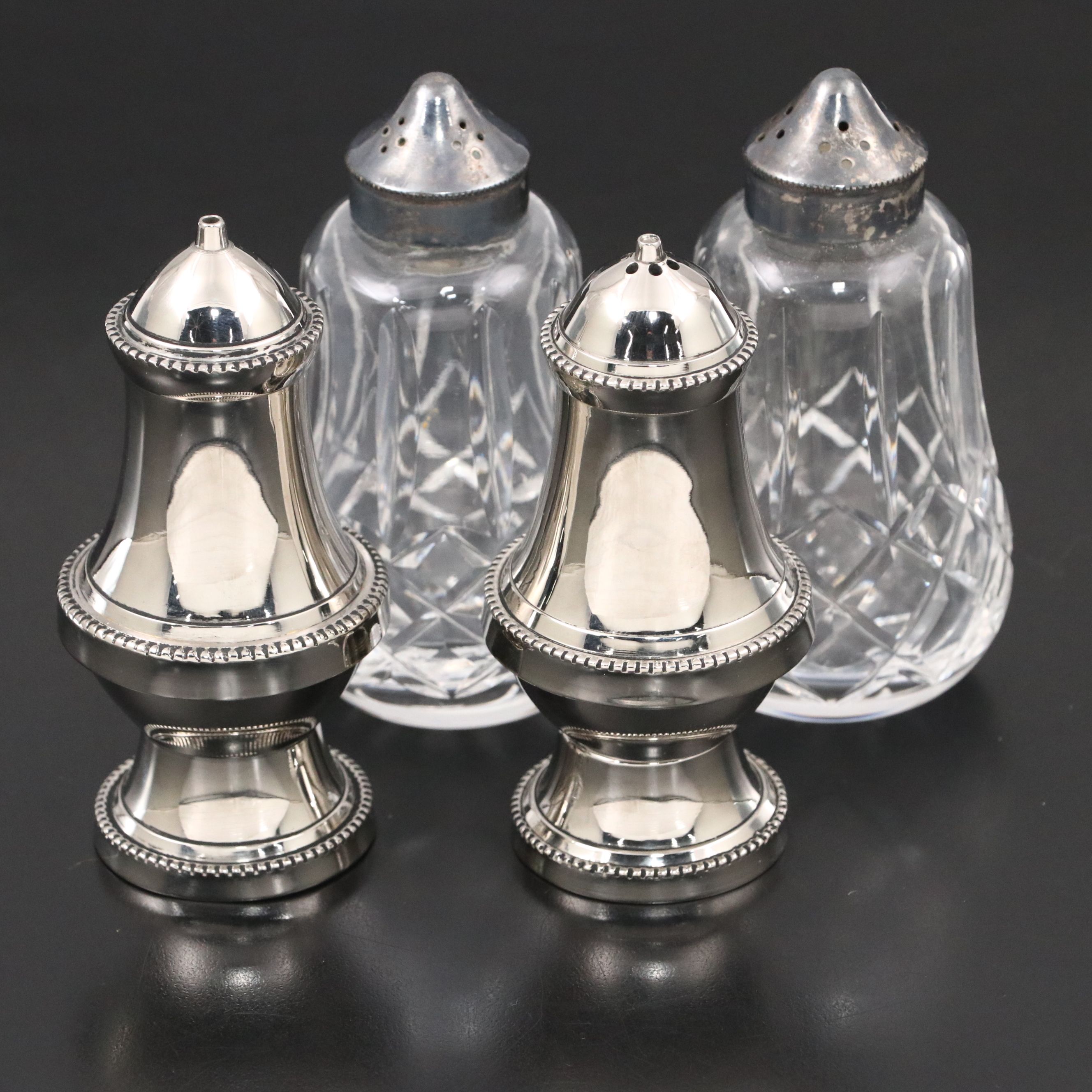 Silver Plate Lidded Glass Salt and Pepper Shakers with Additional Metal Pair