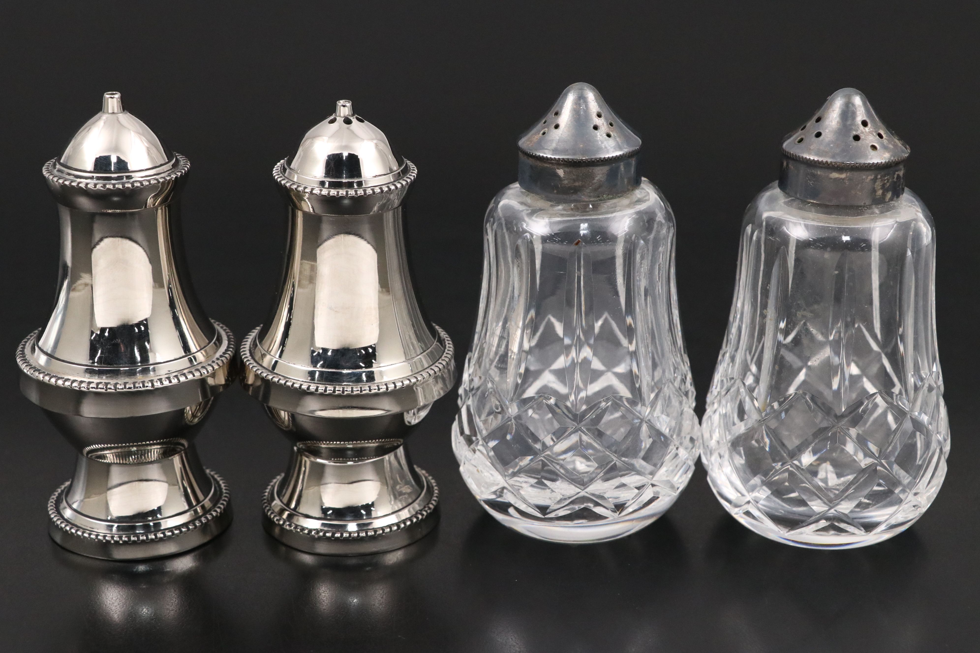 Silver Plate Lidded Glass Salt and Pepper Shakers with Additional Metal Pair