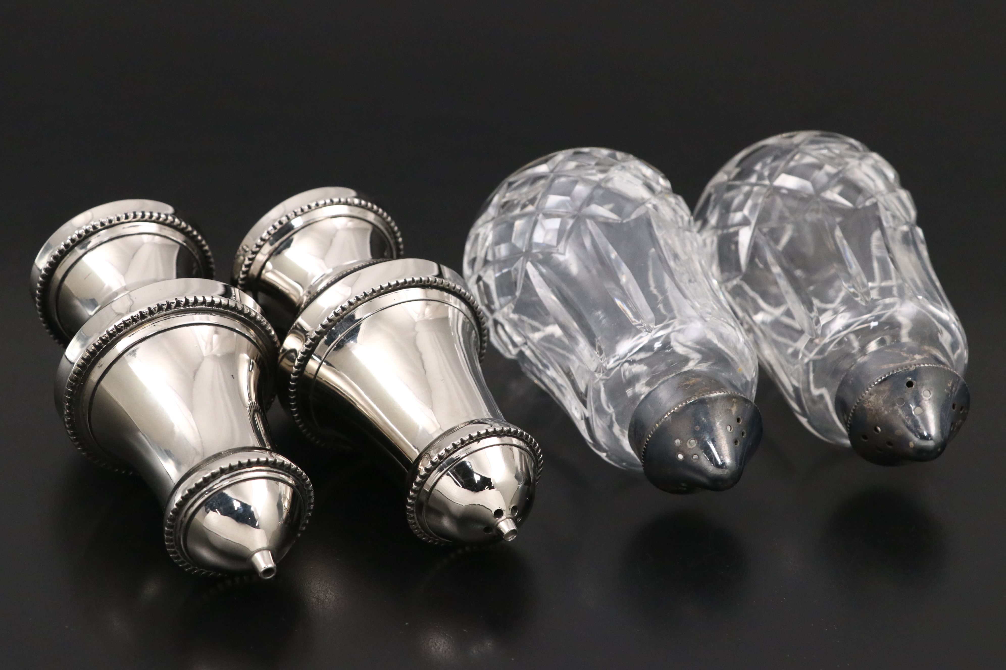 Silver Plate Lidded Glass Salt and Pepper Shakers with Additional Metal Pair