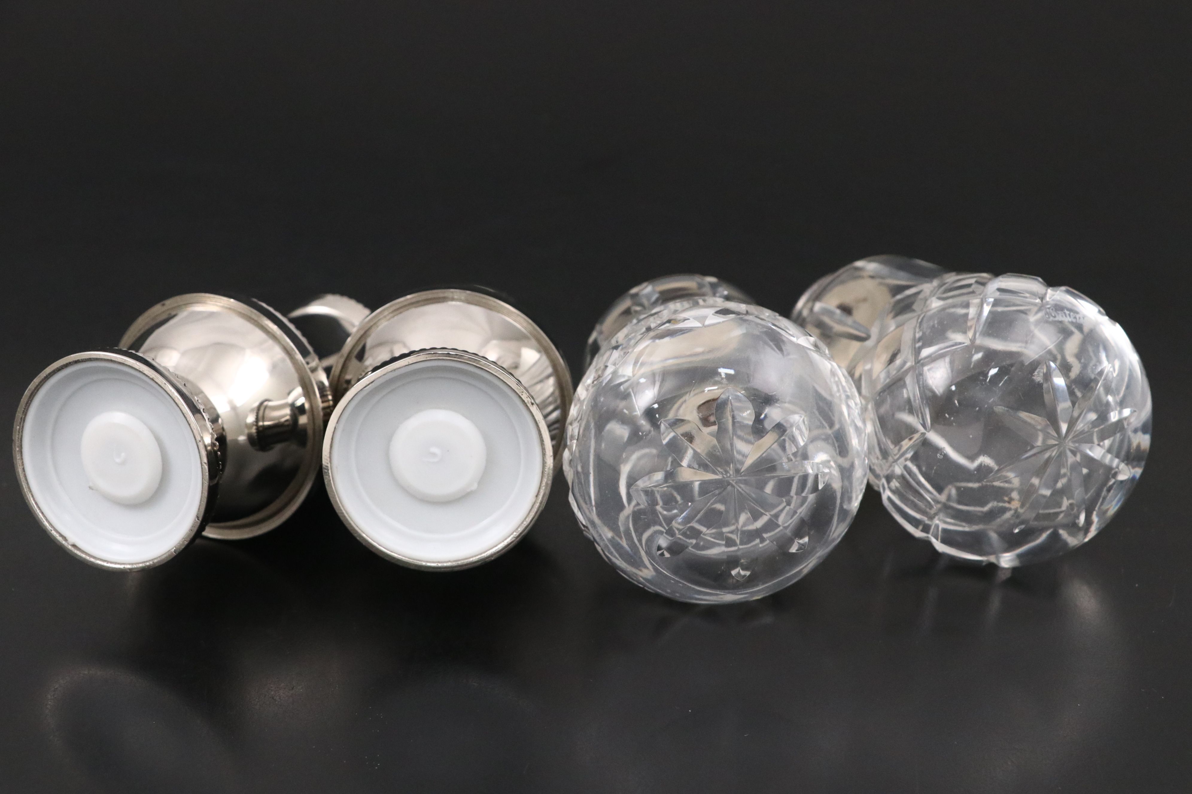 Silver Plate Lidded Glass Salt and Pepper Shakers with Additional Metal Pair