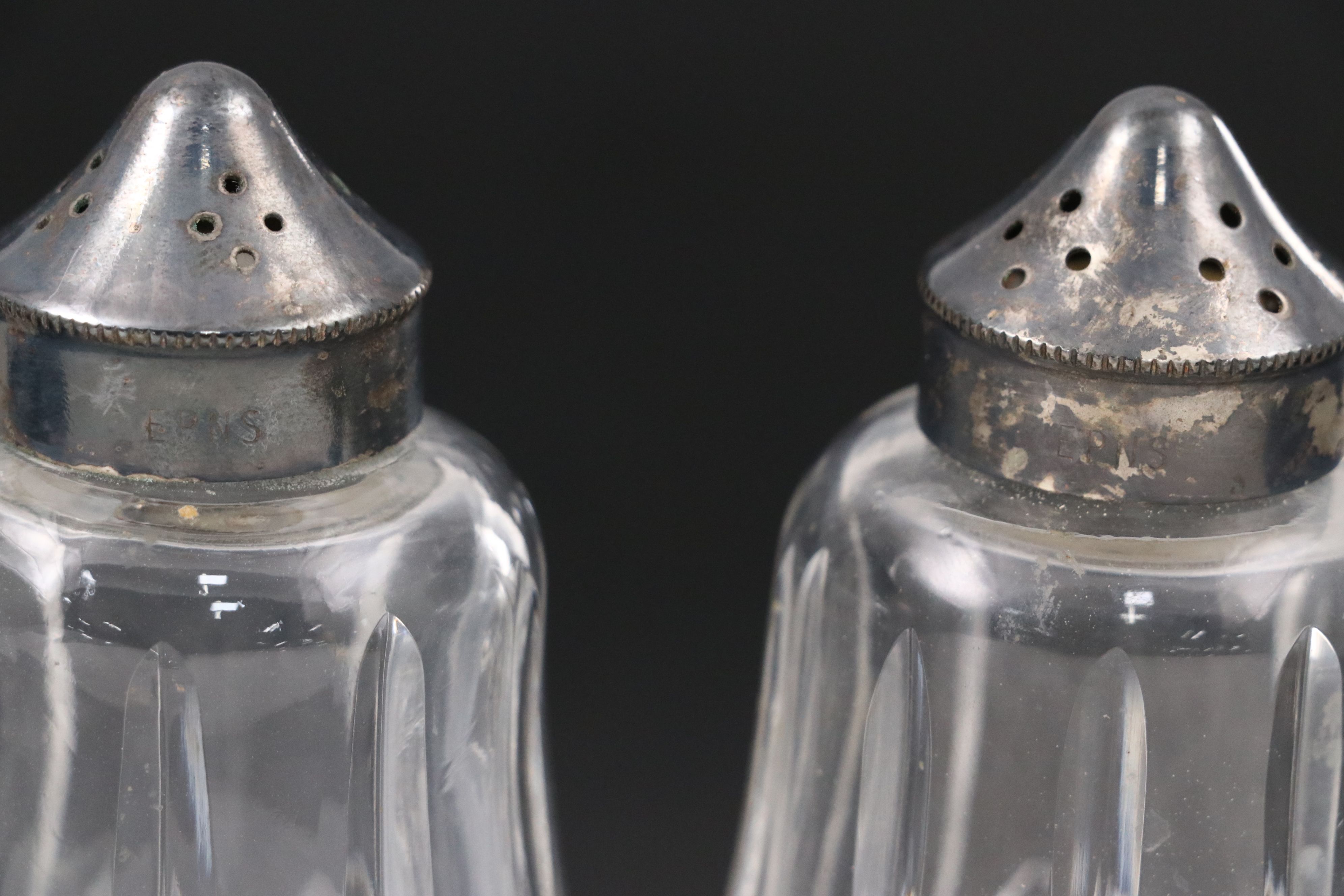 Silver Plate Lidded Glass Salt and Pepper Shakers with Additional Metal Pair