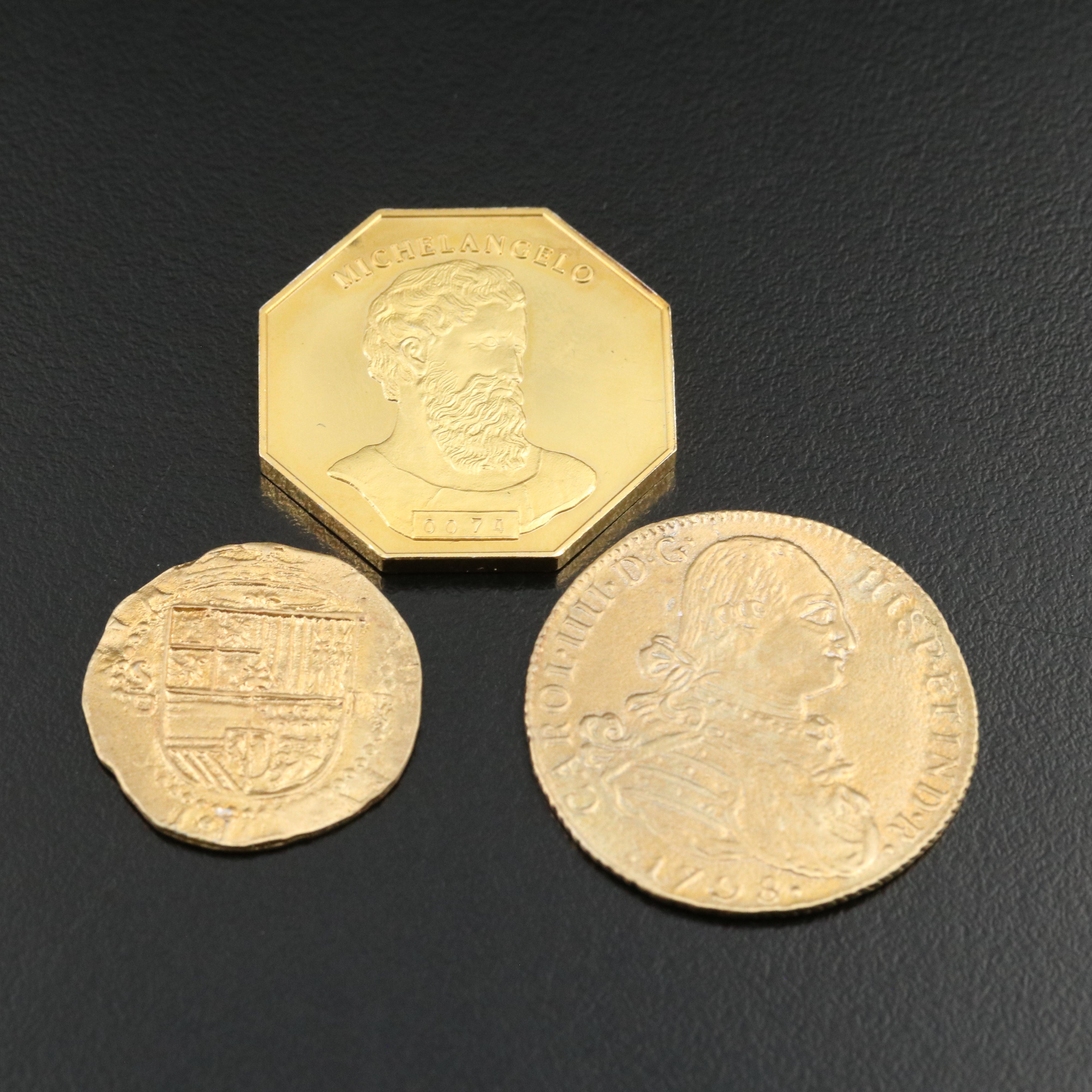 Two Gold Plated Silver Coin Replicas and a Gold Plated Silver Medal