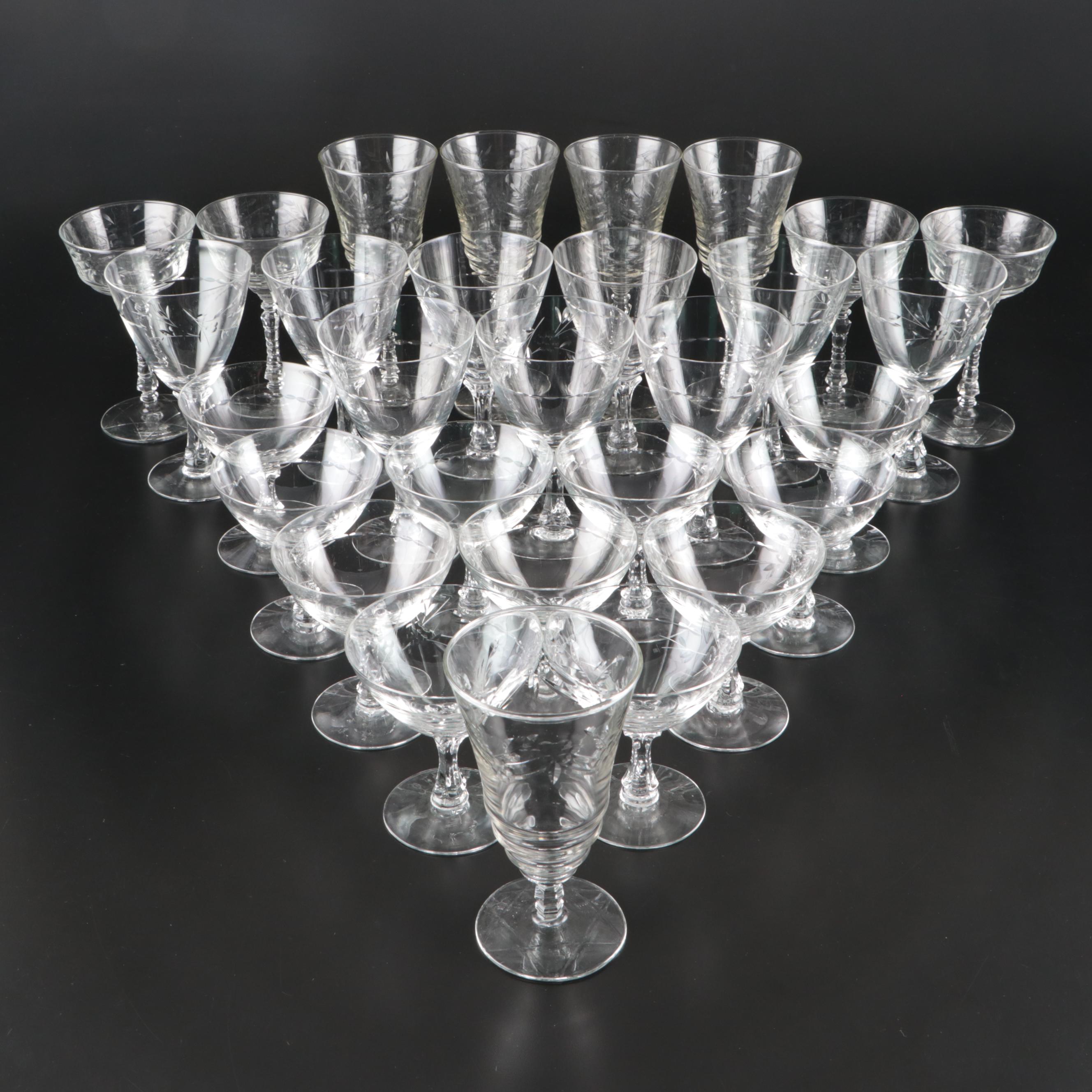 Fostoria "Nosegay" and Rock Sharpe "Arctic Rose" Glass Stemware