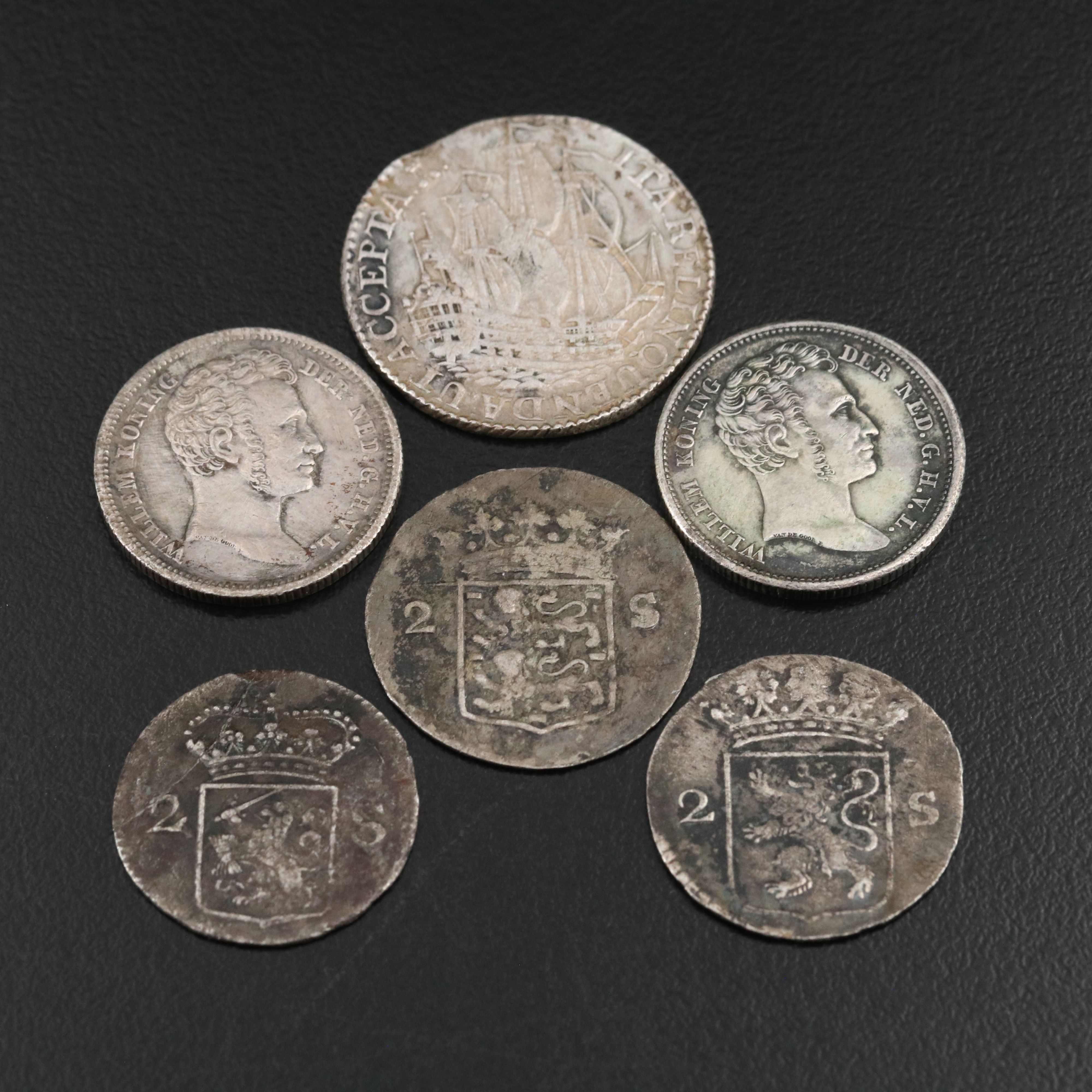 1765 Netherlands Six Stuivers Silver Coin and 5 Other Netherlands Silver Coins