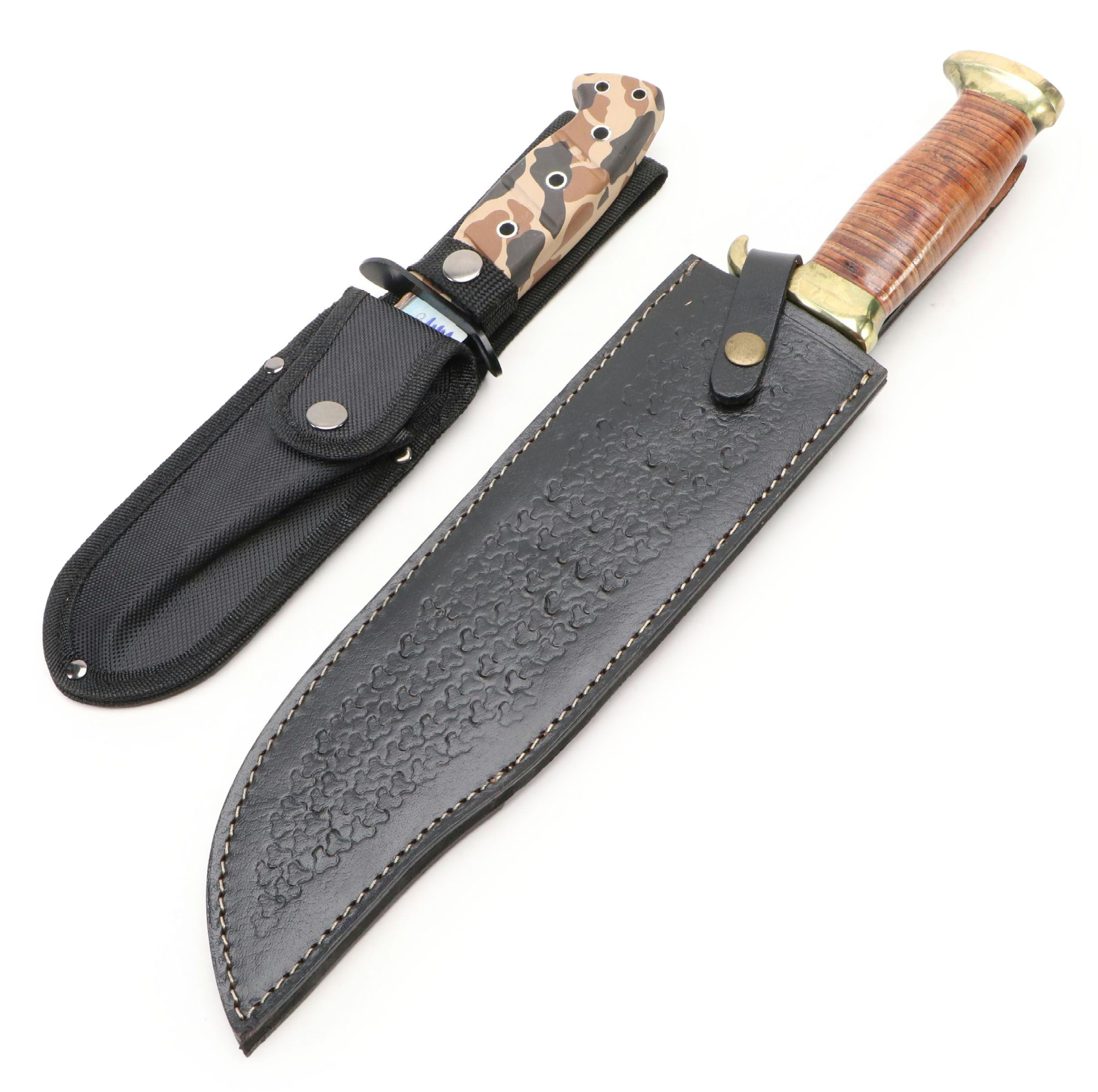 Stacked Leather Handled Bowie Knife with Other Iwo Jima Commemorative Knife