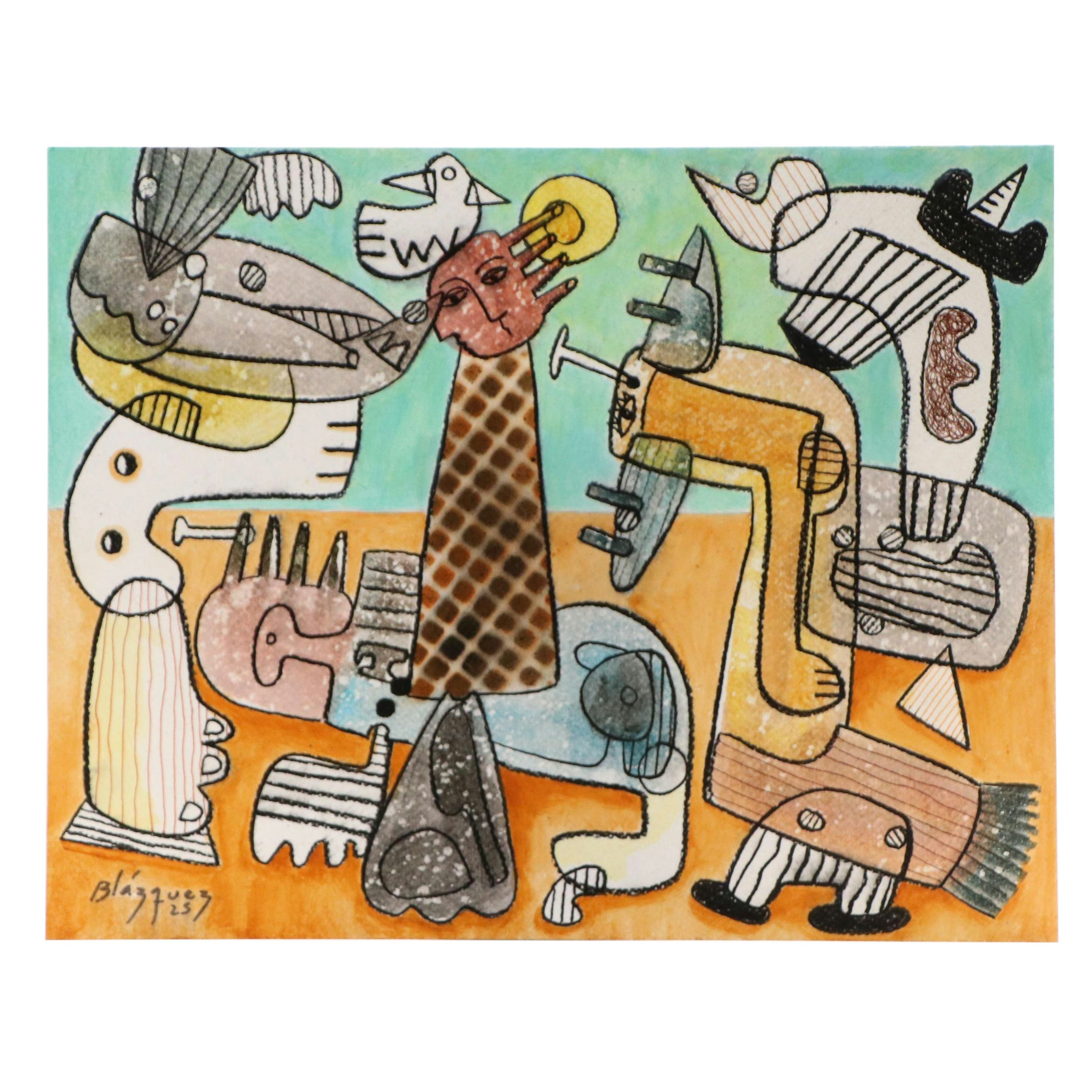 Michel Blázquez Surrealist Mixed Media Painting "Un Juego Presumido," 2025