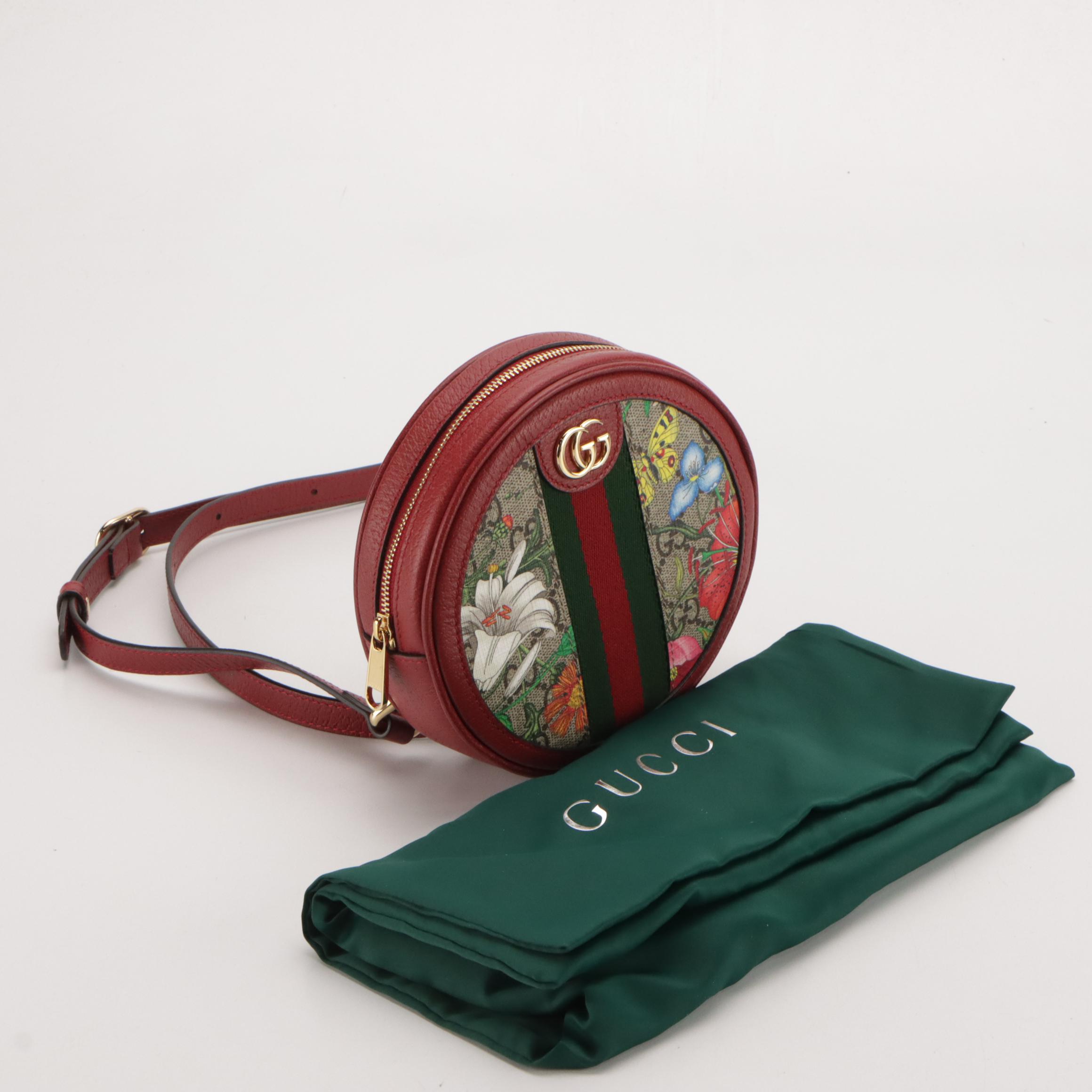 Gucci Ophidia Mini Backpack in GG Supreme Flora Coated Canvas and Red Leather