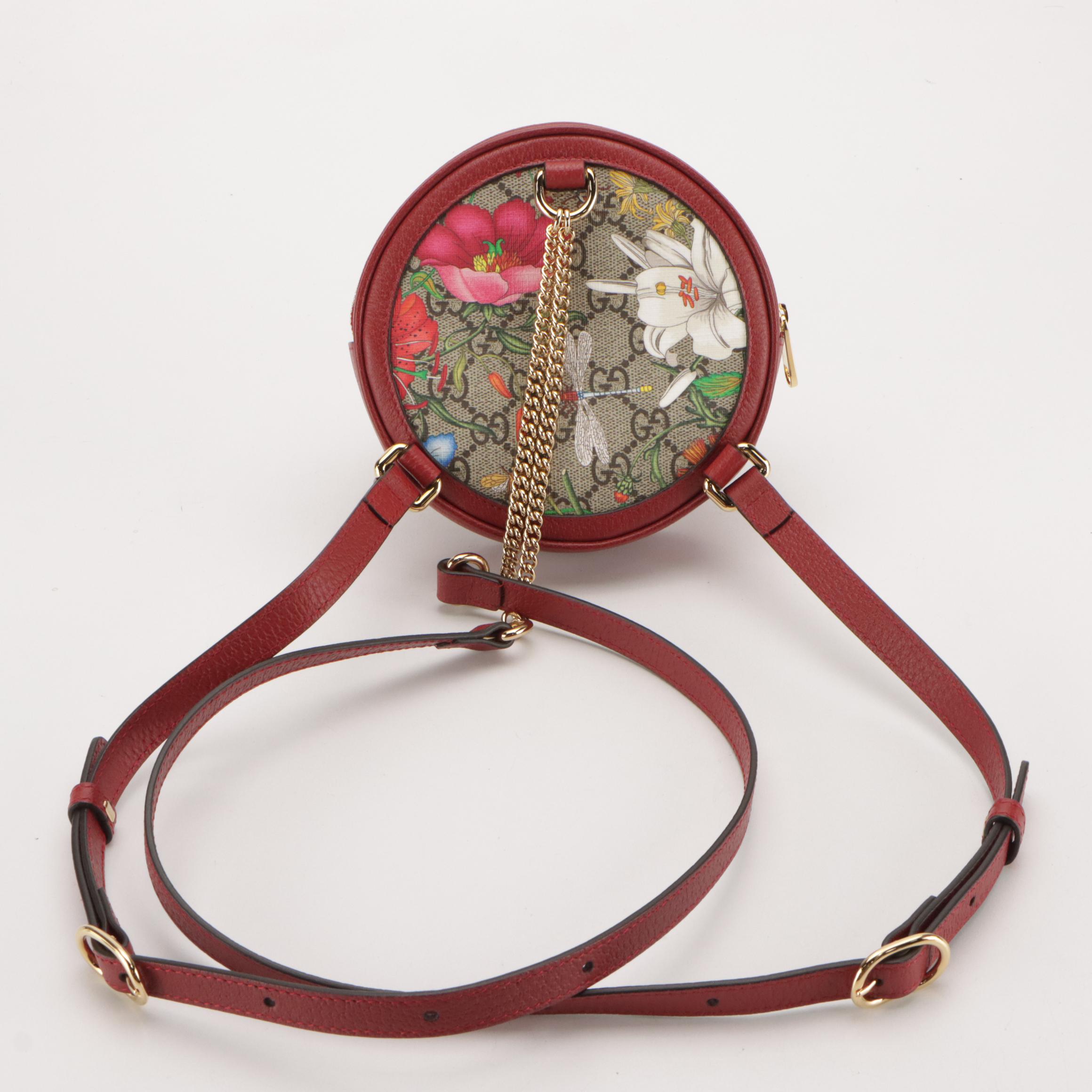 Gucci Ophidia Mini Backpack in GG Supreme Flora Coated Canvas and Red Leather