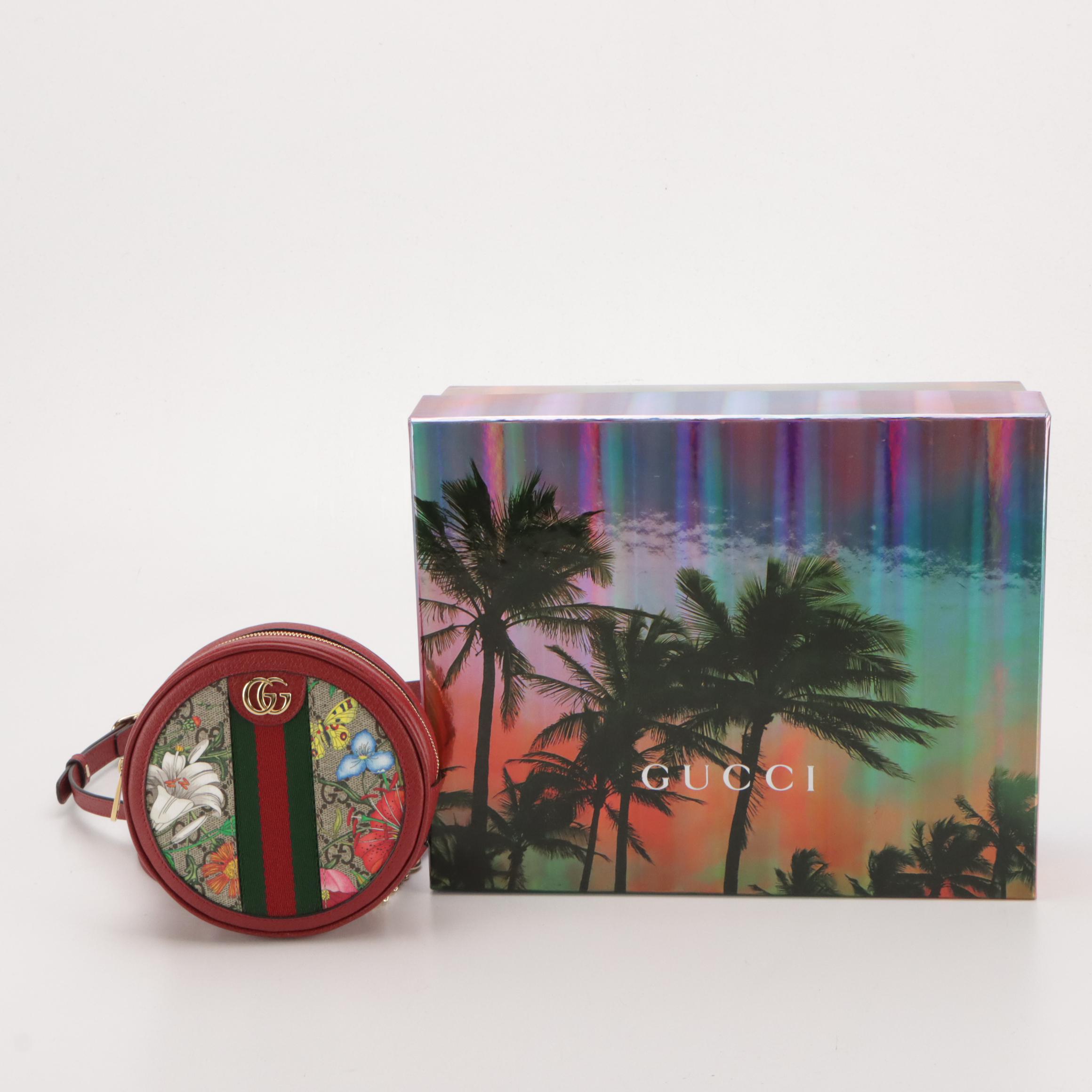 Gucci Ophidia Mini Backpack in GG Supreme Flora Coated Canvas and Red Leather