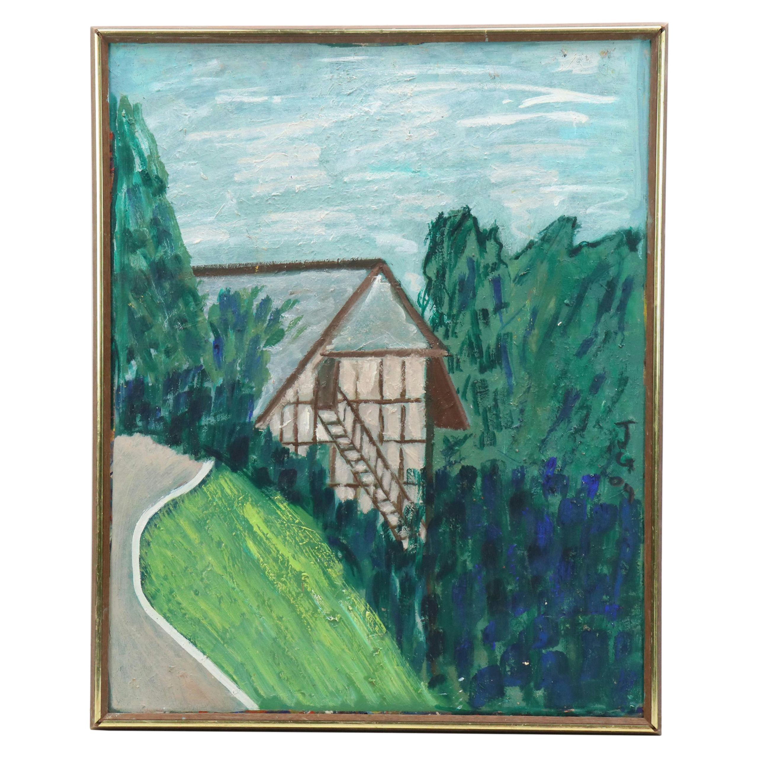 Janice Guttman Landscape Acrylic Painting of Hillside House, 2004