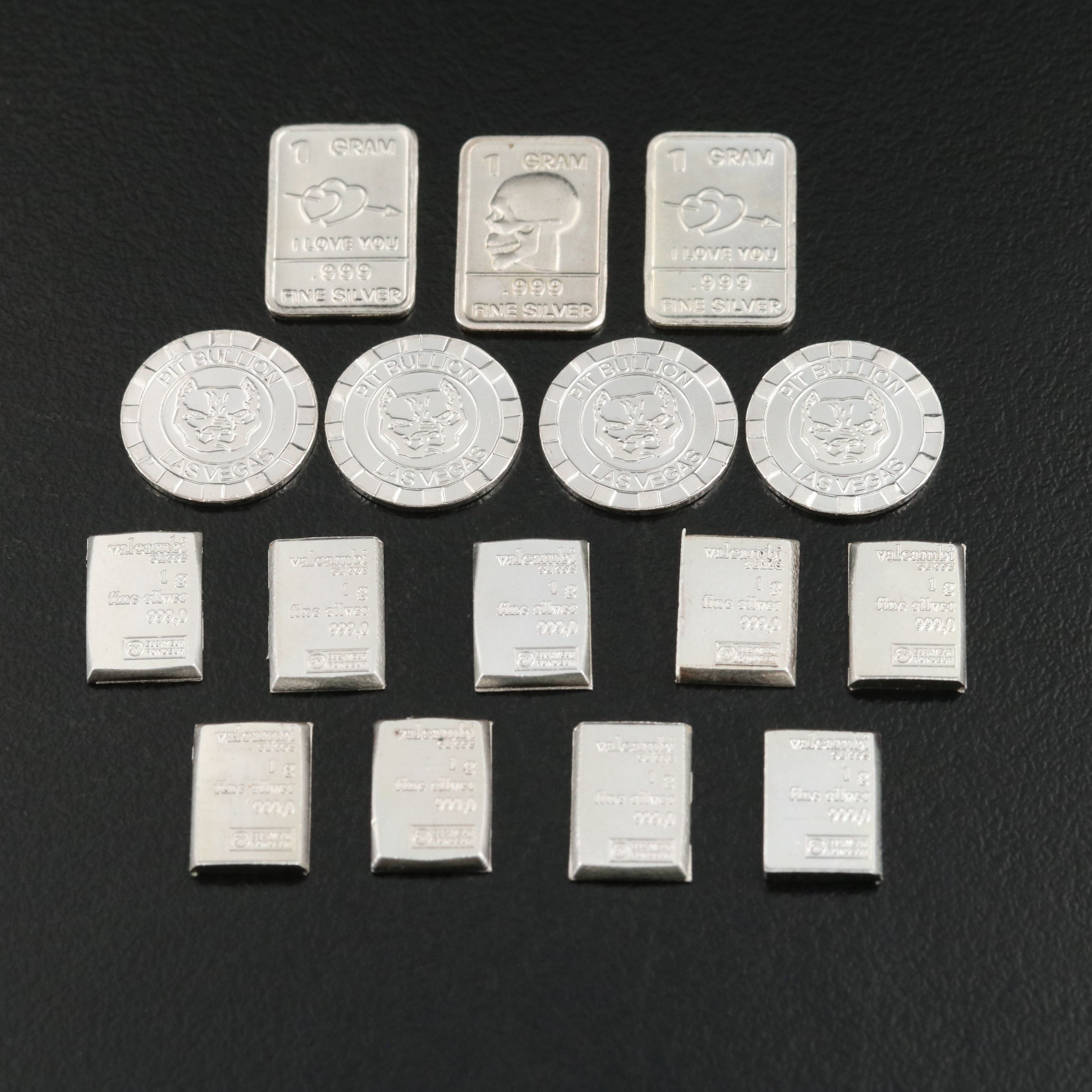 Group of Sixteen One Gram .999 Silver Bars and Rounds