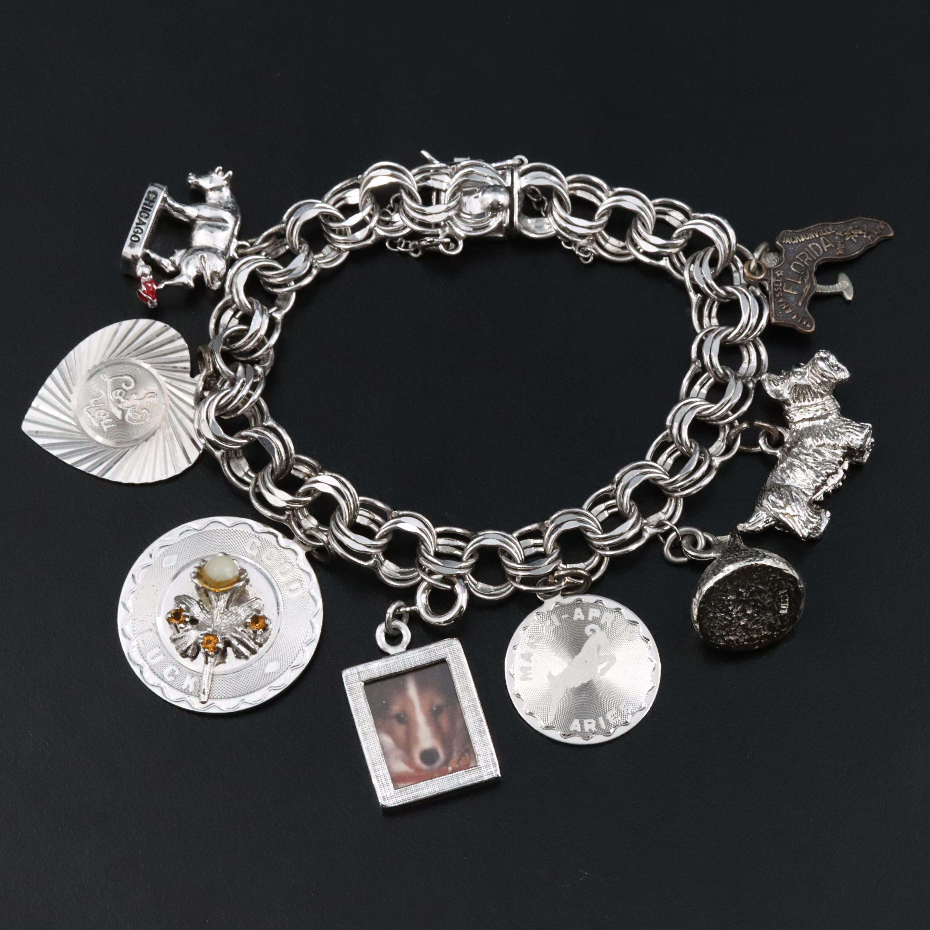 Vintage Charm Bracelet Including Sterling and Travel Charms
