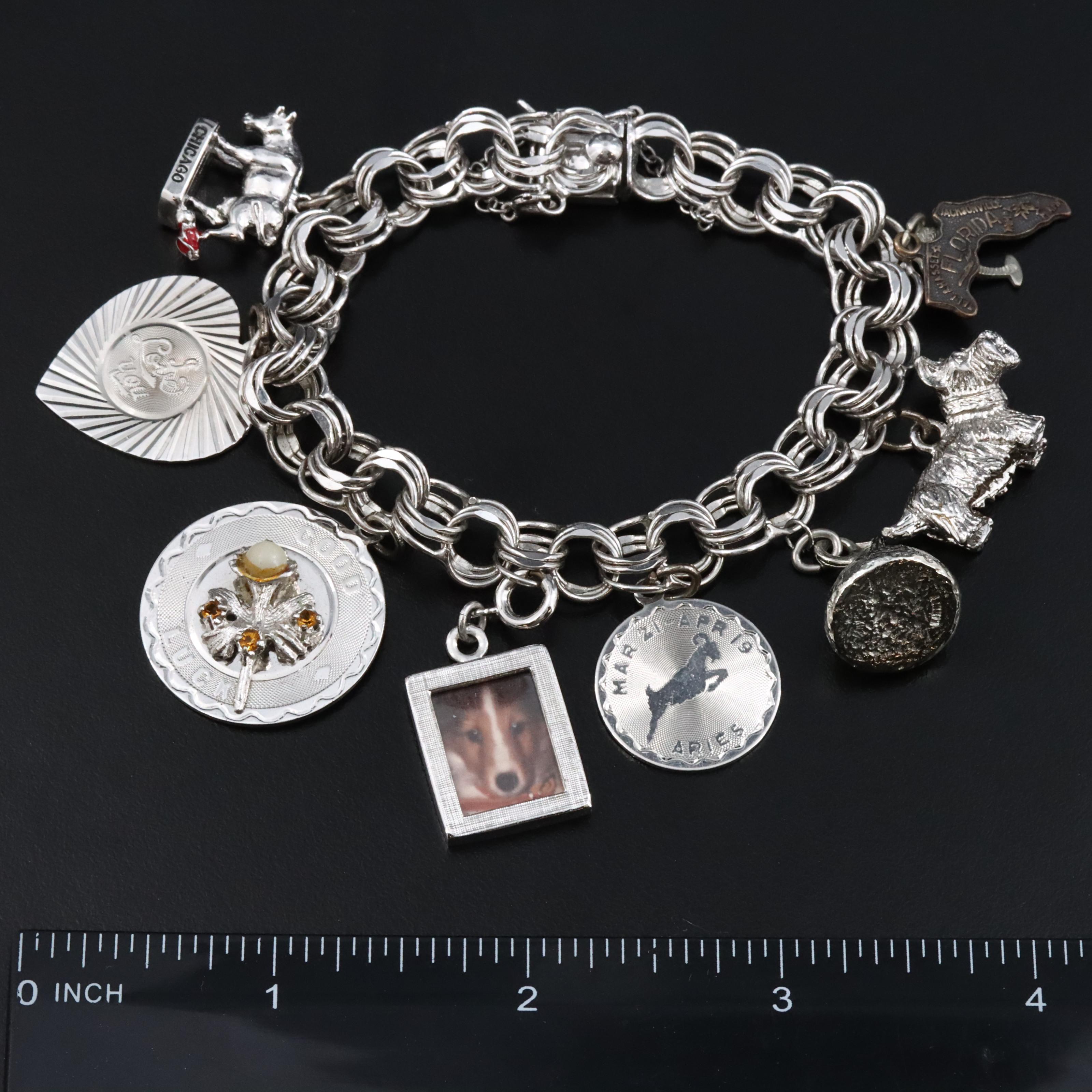 Vintage Charm Bracelet Including Sterling and Travel Charms