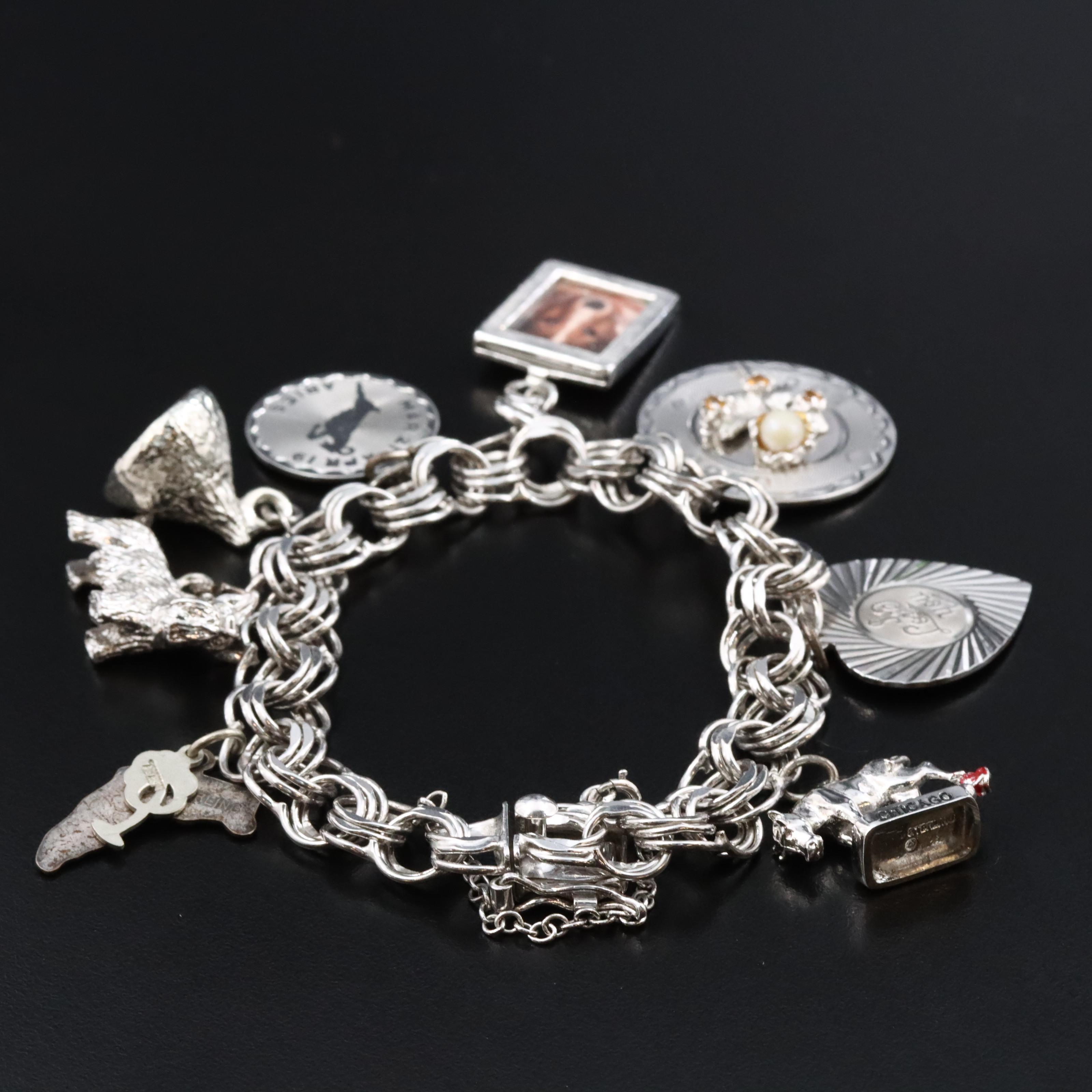Vintage Charm Bracelet Including Sterling and Travel Charms