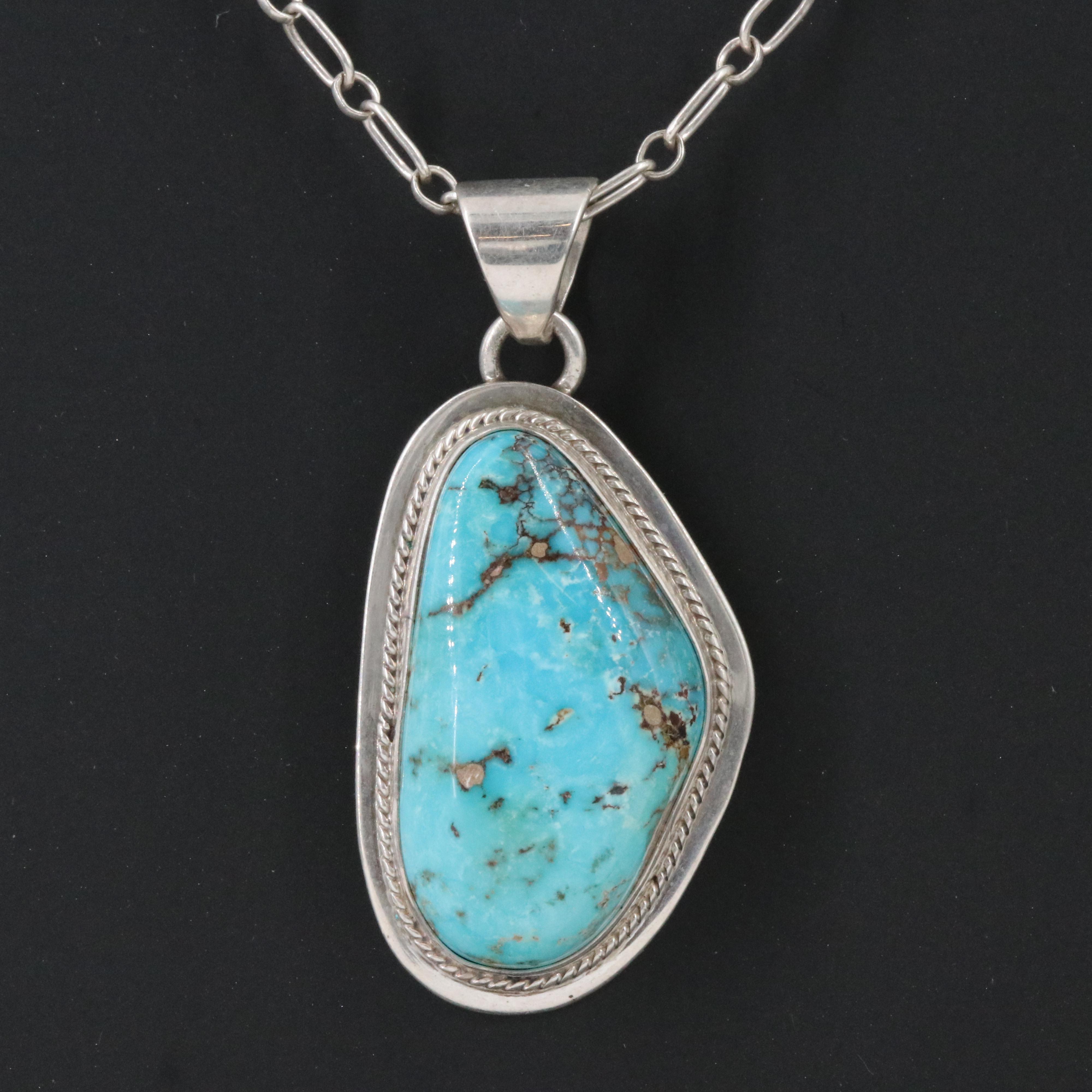 Southwestern Signed Sterling Turquoise Pendant Necklace
