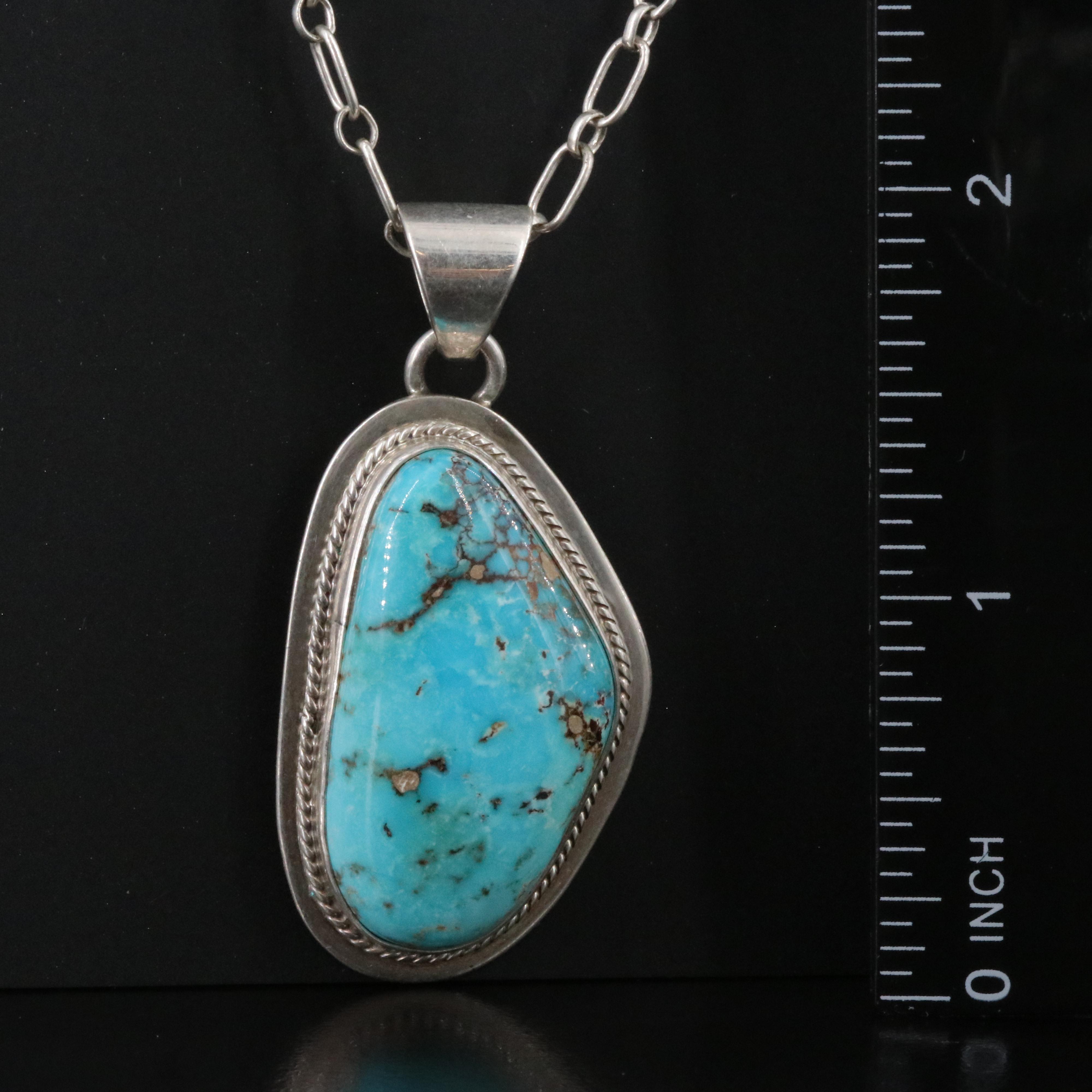 Southwestern Signed Sterling Turquoise Pendant Necklace