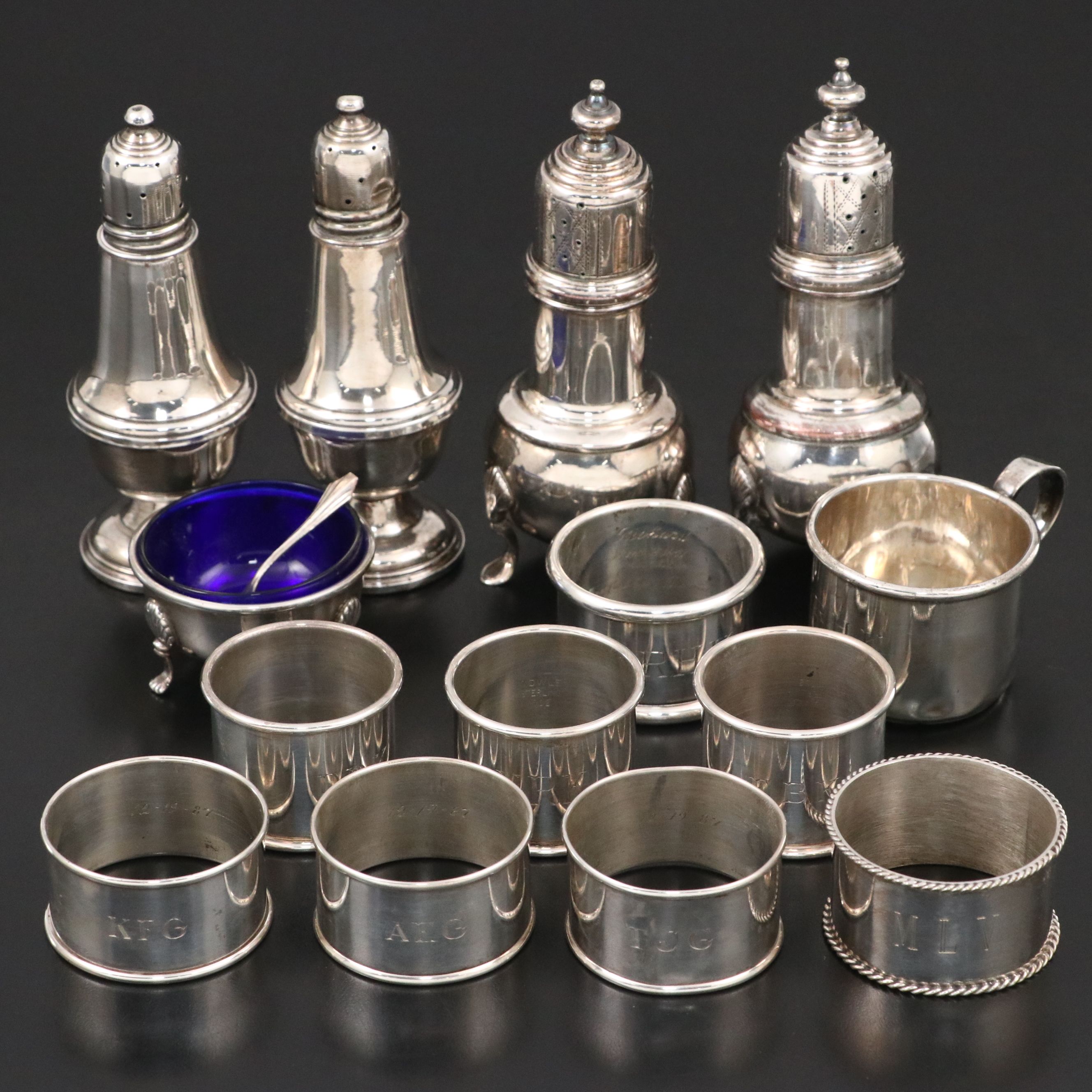 Georgian Sheffield Plate Armorial Engraved Shakers with Other Table Accessories