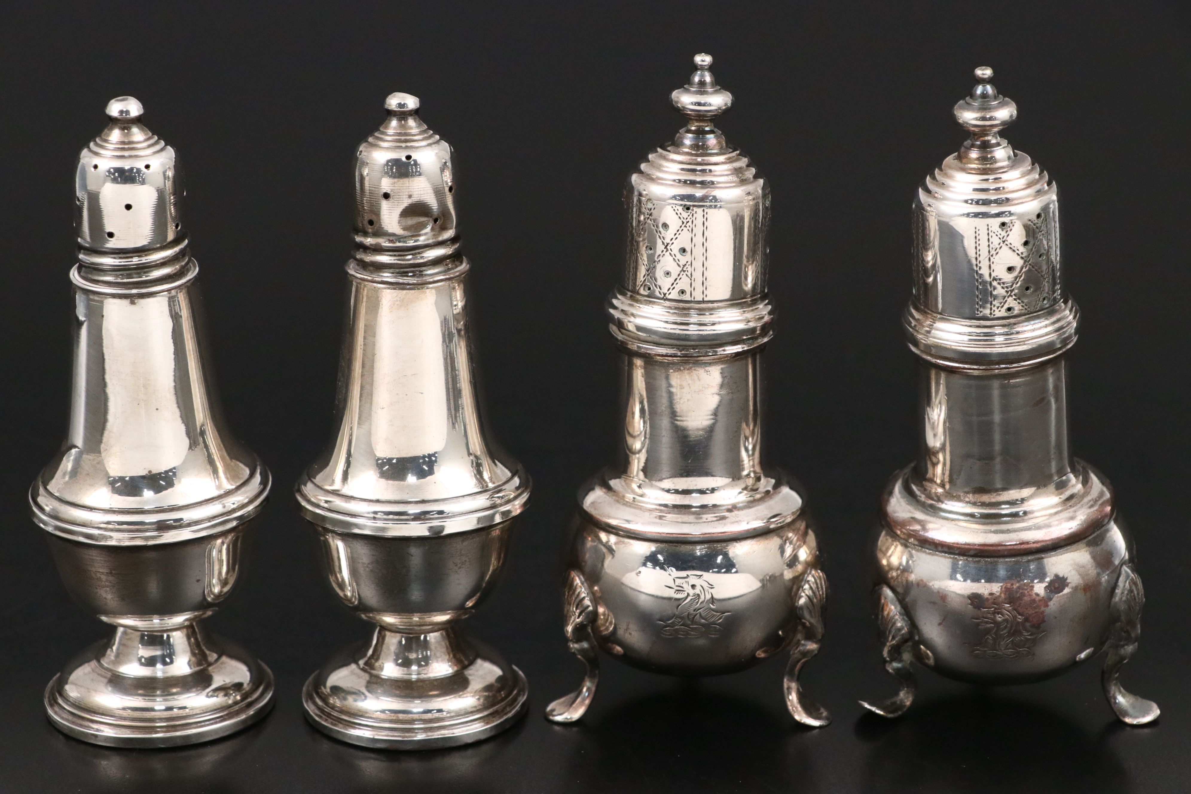 Georgian Sheffield Plate Armorial Engraved Shakers with Other Table Accessories