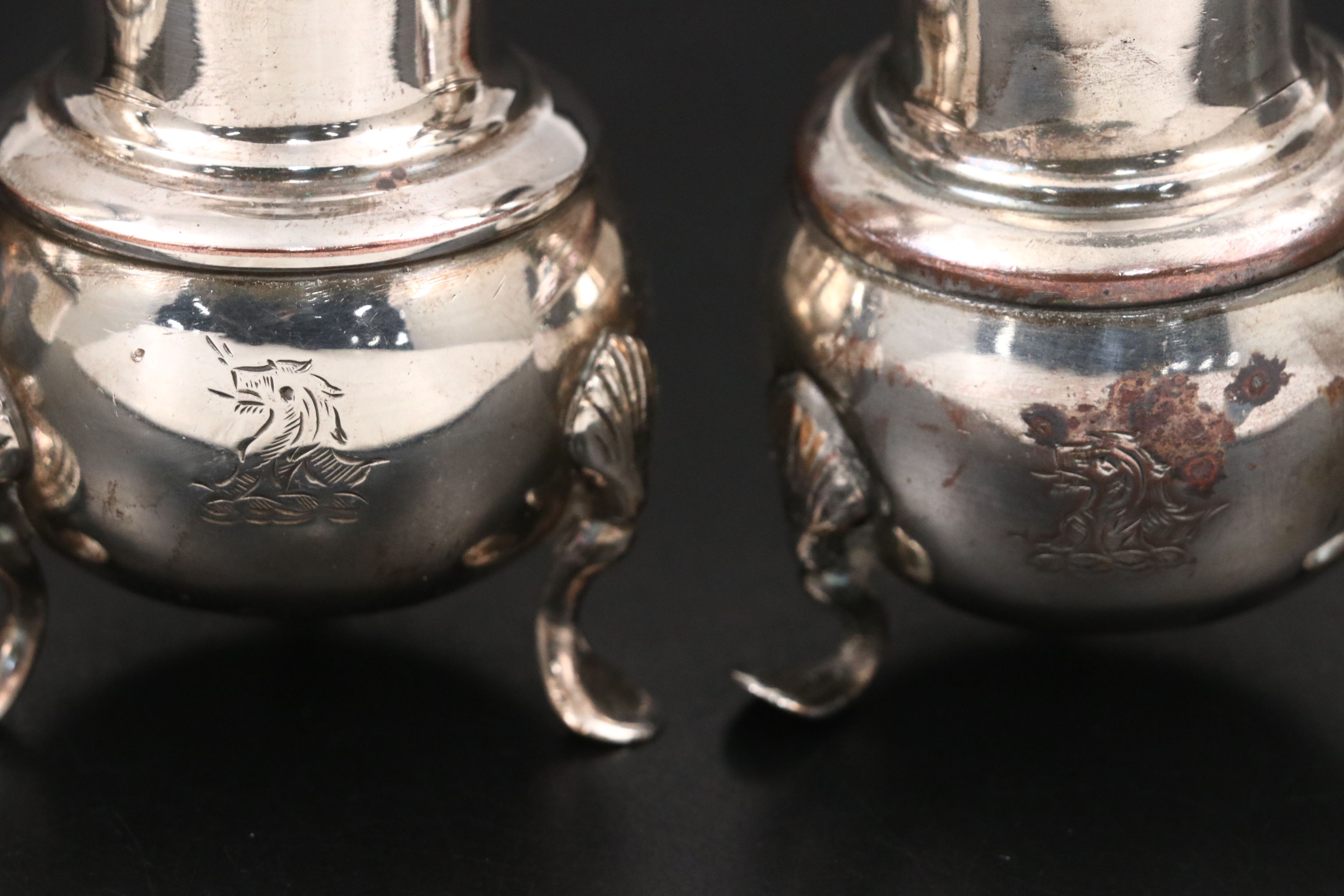 Georgian Sheffield Plate Armorial Engraved Shakers with Other Table Accessories
