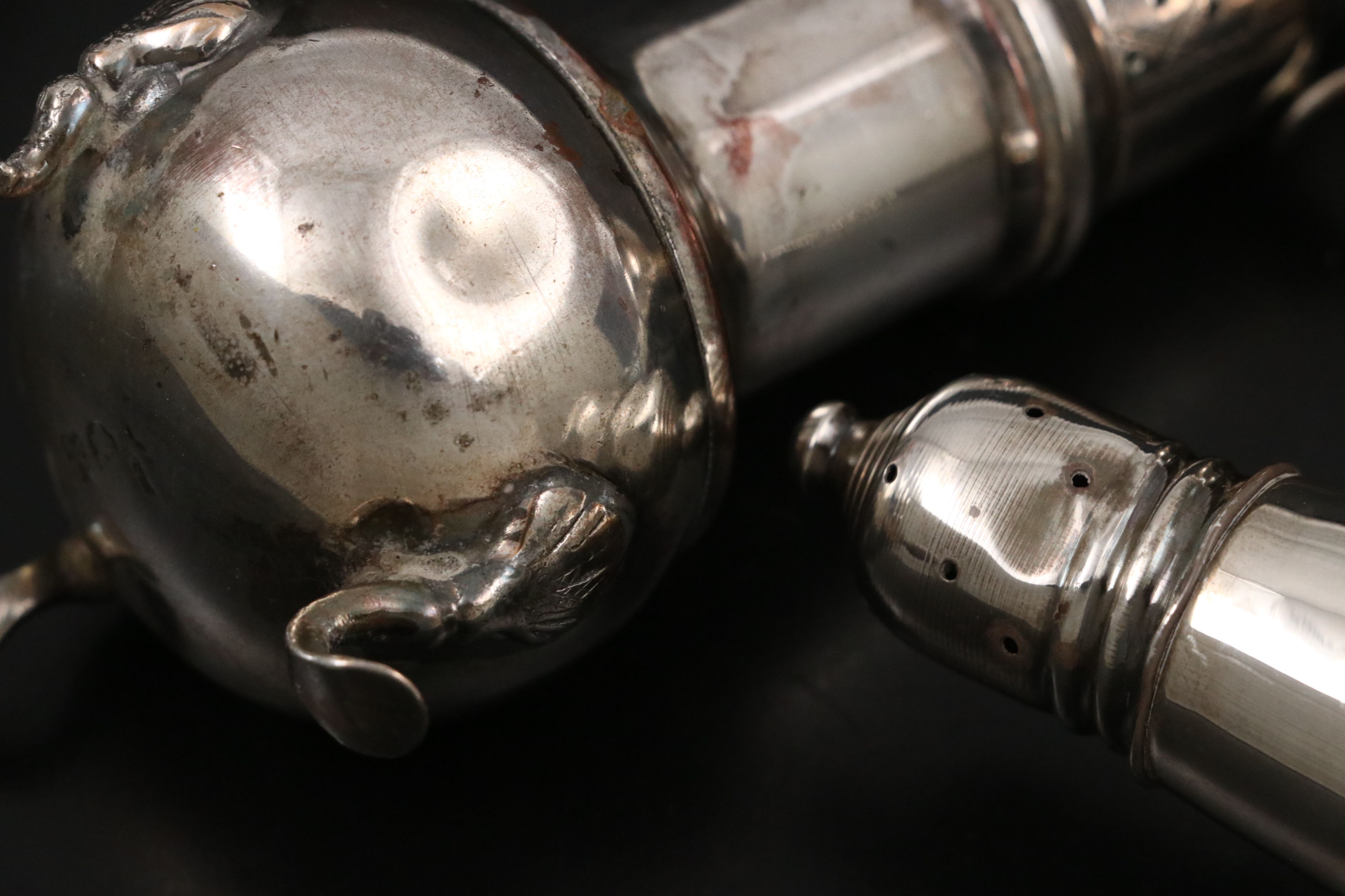 Georgian Sheffield Plate Armorial Engraved Shakers with Other Table Accessories