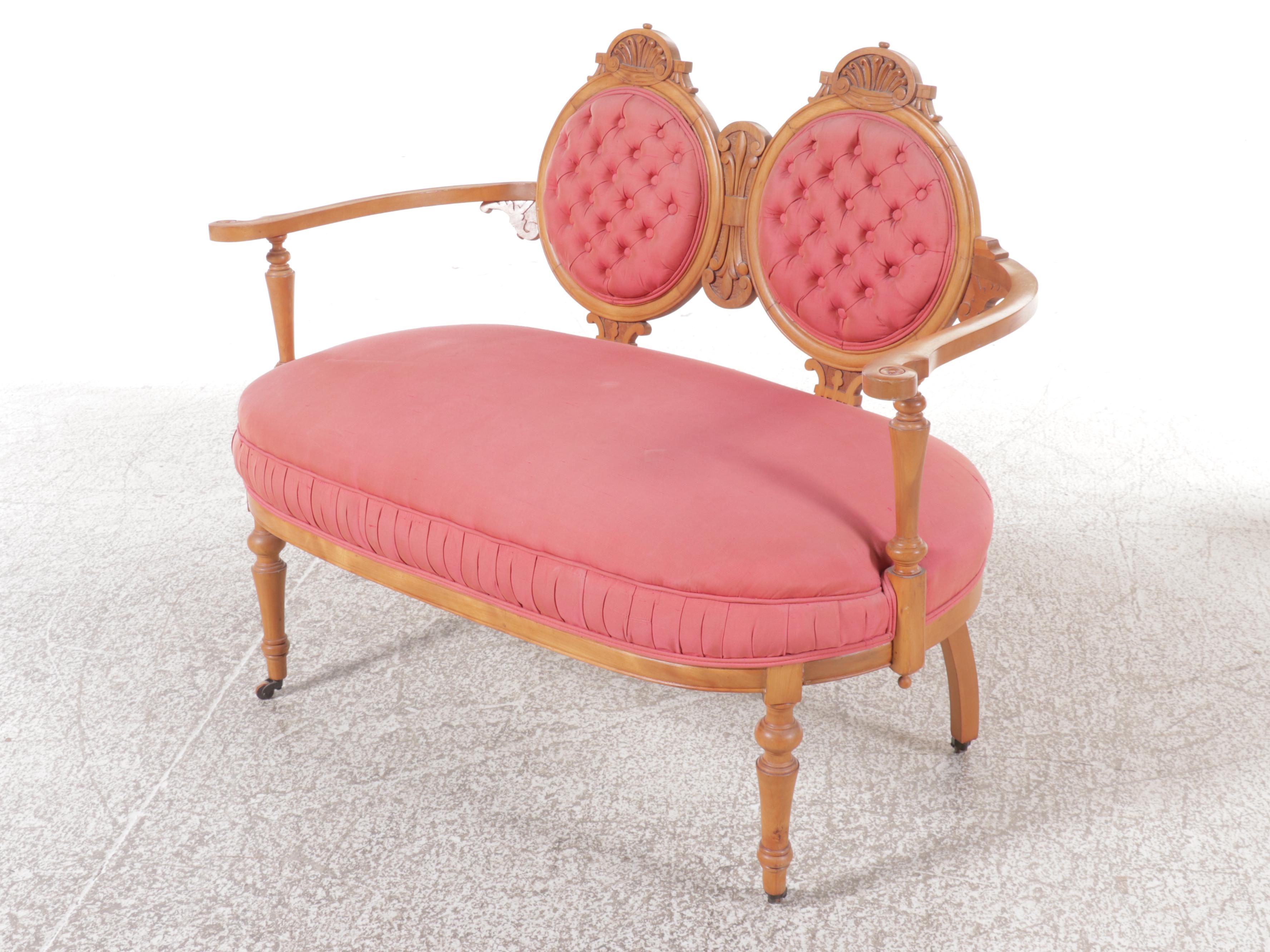 Victorian Rococo Revival Two Piece Upholstered Carved Wood Parlor Set