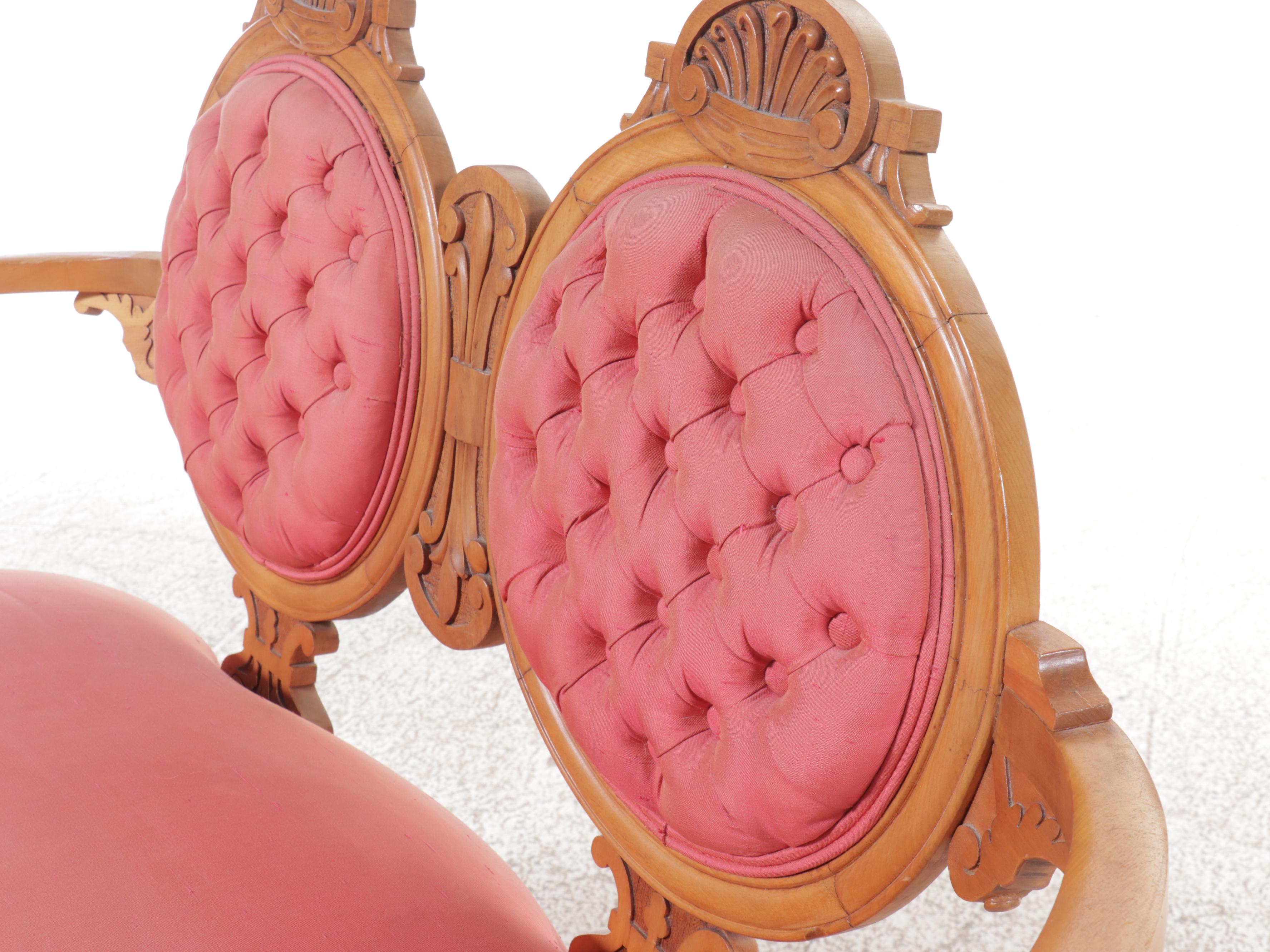 Victorian Rococo Revival Two Piece Upholstered Carved Wood Parlor Set