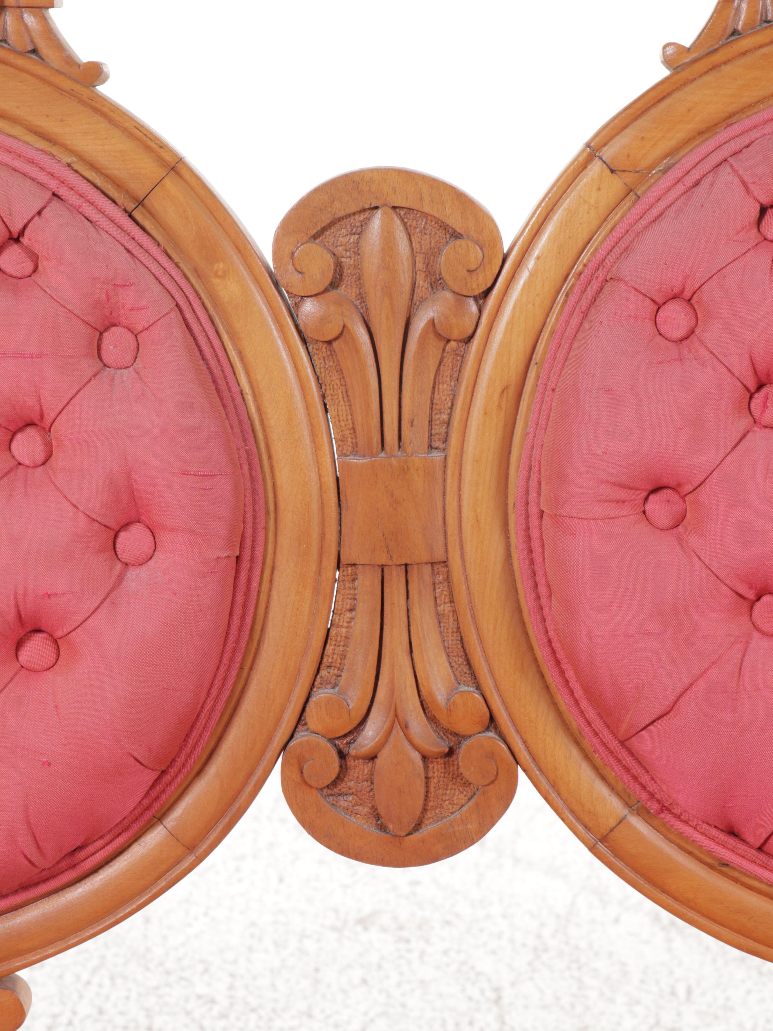 Victorian Rococo Revival Two Piece Upholstered Carved Wood Parlor Set