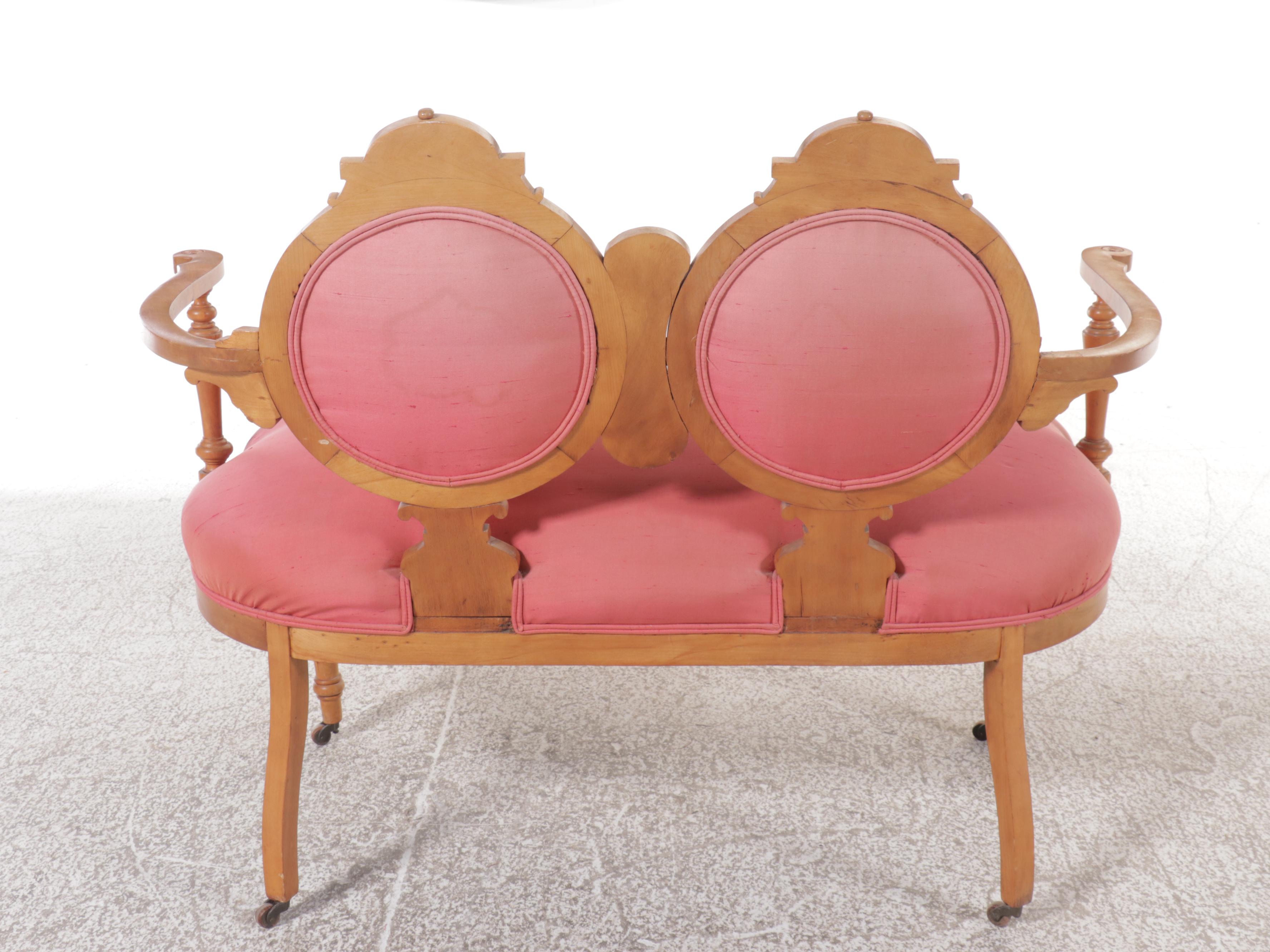 Victorian Rococo Revival Two Piece Upholstered Carved Wood Parlor Set